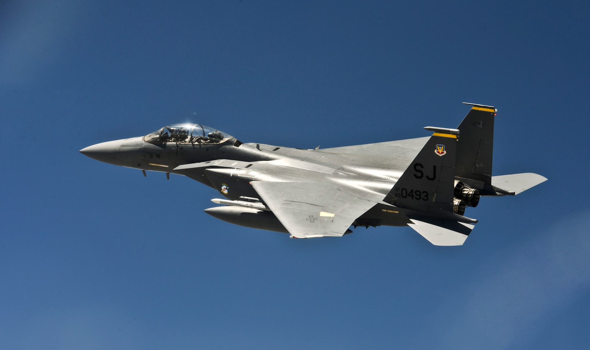 A 4th Fighter Wing F-15E Strike Eagle soars above the Utah Test and Training Range during a Combat Hammer mission May 5 near Hill Air Force Base, Utah.  Combat Hammer, an air-to-ground weapons system evaluation program, is maintained by the 86th Fighter Weapons Squadron. The WSEP program is used to evaluate the effectiveness and suitability of combat air force weapon systems. The evaluations are accomplished during tactical deliveries of fighter, bomber and unmanned aerial system precision guided munitions, on realistic targets with air-to-air and surface-to-air defenses. For many of the aircrew participating in WSEP, it is the first time employing live weapons. This provides a level of combat experience many units face during combat.  (Courtesy photo)