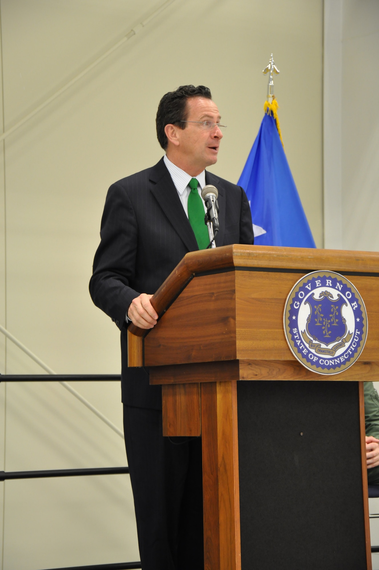 Connecticut Governor Dannel P. Malloy addresses guests and members of the 103rd Airlift Wing, Connecticut Air National Guard, during a ribbon cutting ceremony April 28, 2011, to mark the official opening of the Centralized Repair Facility at Bradley Air National Guard Base, East Granby, Conn. (Photo by Sgt. 1st Class Debbi Newton, State Public Affairs NCO)