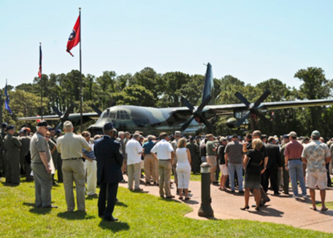 A crowd gathers around the MC-130E Combat Talon I prior to its official dedication ceremony May 6, 2011, at Hurlburt Field, Fla. The Talon, known as "Wild Thing," had a 46-year Air Force career and 22,336.5 flight hours. (U.S. Air Force photo/Tech. Sgt. Samuel King Jr.) 