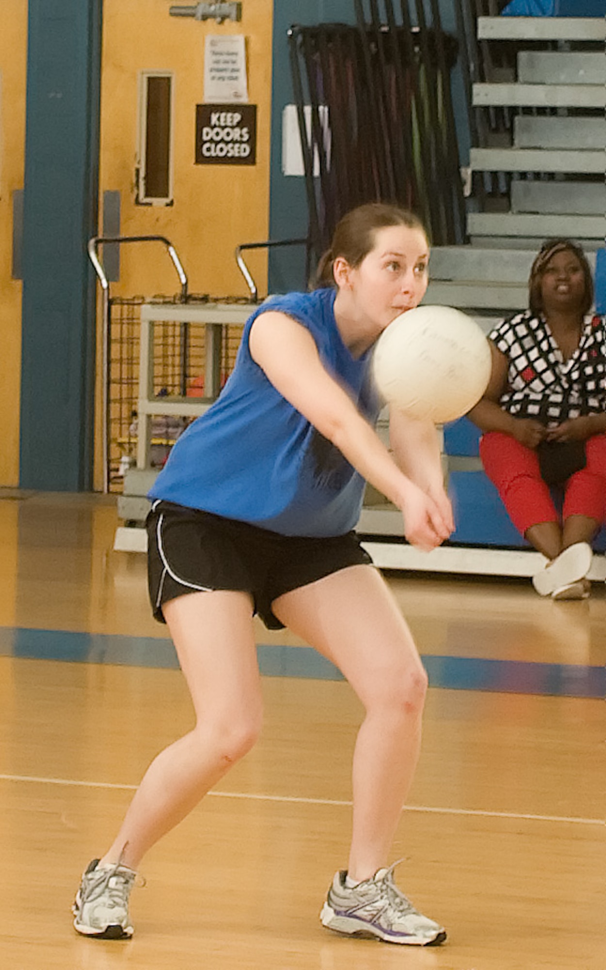 Jackie Rickie, 436th Logistics Readiness Squadron, bumps a volleyball during the volleyball championship game May 11, 2011, at the Dover Air Force Base, Del., Fitness Center. The 436 LRS team lost their final game of the championship to 736th Aircraft Maintenance Squadron 10-15. (U.S. Air Force photo by Airman 1st Class Matthew Hubby)