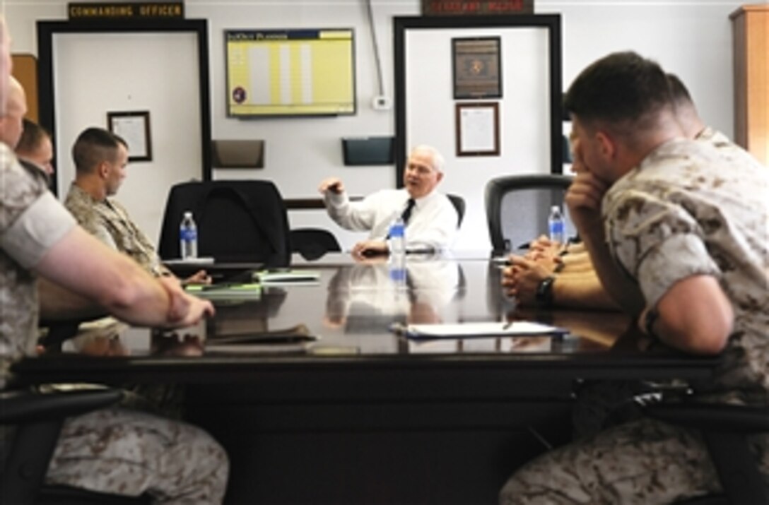 Secretary of Defense Robert M. Gates meets with Marine company commanders at Camp Lejeune, N.C., on May 12, 2011.  