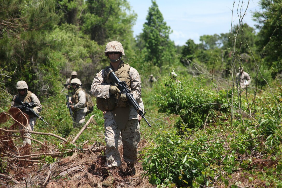 Lance Cpl. Chad M. Angeli followed by the rest of his platoon make their way through a clearing in the forest while conducting foot patrols during their field training exercise at Marine Corps Auxiliary Landing Field Bogue May 17-19. “The patrolling we did today took us through some rough jungle like terrain that helped the Marines work on their basic skills to help them with their hand and arm signals as well as watching danger zones,” said 2nd Lt. Joseph A Shenk, the 1st platoon commander for Battery B, 2nd LAAD Bn. “They worked really well on the patrol communicating and moving quickly in and out of danger zones.” Angeli is an assistant gunner with 1st Platoon, Battery B, 2nd LAAD Bn.
