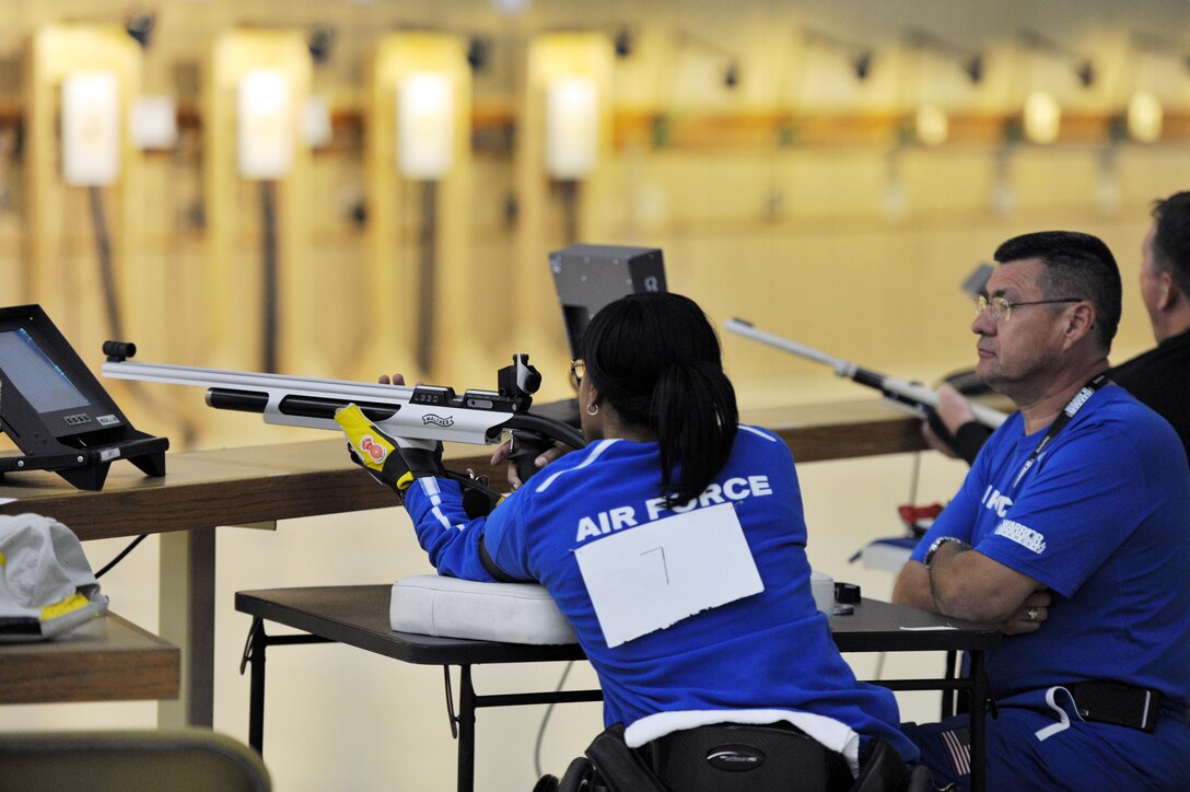 Chatriex Goodson prepares to take aim in the shooting competition of the 2011 Warrior Games May 17, 2011, at the U.S. Olympic Training Center in Colorado Springs, Colo. More than 200 wounded warriors from all the military services are competing in Paralympic-style athletic events May 16 through 21. (U.S. Air Force photo/Staff Sgt. Desiree N. Palacios)


