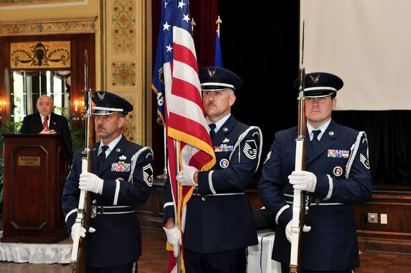 Members of Milwaukee's128th Air Refueling Wing Honor Guard present the colors during the ESGR breakfast held at the Wisconsin Club in downtown Milwaukee, May 16, 2011.  Each year the Milwaukee Armed Forces Committee and Wisconsin Committee for Employer Support of the Guard and Reserve (ESGR) recognize the men and women who serve the armed forces and the employers that support them. U.S. Air Force photo by Tech Sgt. Thomas J Sobczyk  / Released