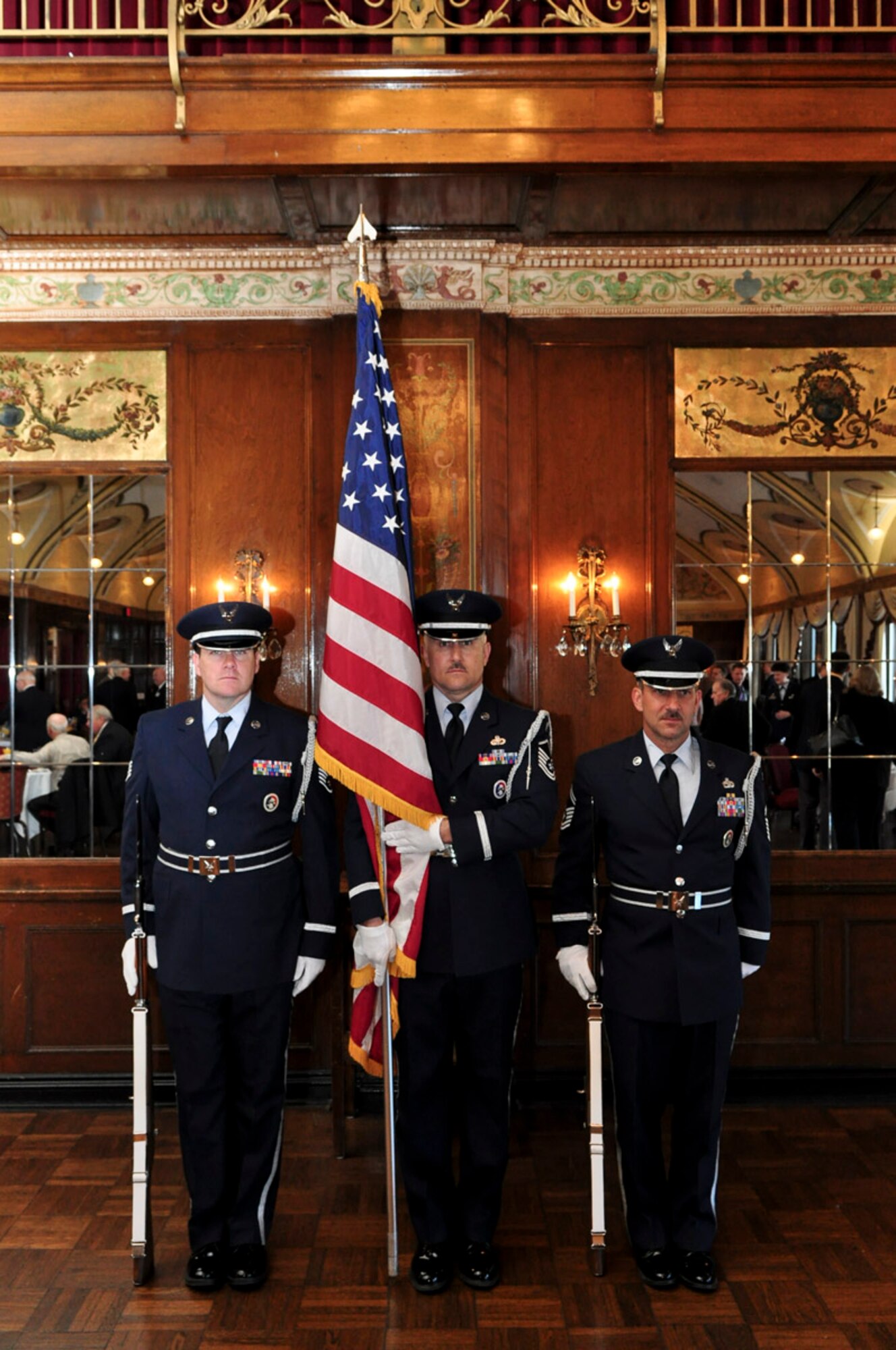 Members of Milwaukee's128th Air Refueling Wing Honor Guard present the colors during the ESGR breakfast held at the Wisconsin Club in downtown Milwaukee, May 16, 2011.  Each year the Milwaukee Armed Forces Committee and Wisconsin Committee for Employer Support of the Guard and Reserve (ESGR) recognize the men and women who serve the armed forces and the employers that support them. U.S. Air Force photo by Tech Sgt. Thomas J Sobczyk  / Released
