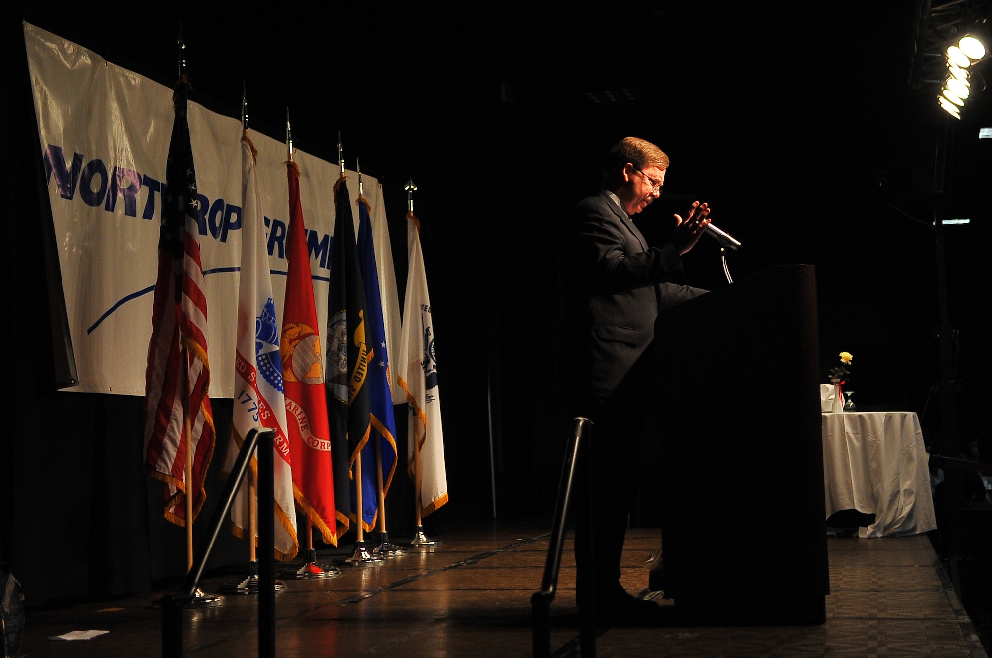 AURORA, Colo. -- Air Force retired Maj. Gen. John Barry, guest speaker at the 38th Annual Armed Forces Recognition Luncheon, gives his speech, May 13, 2011. The AFRL, hosted by the Aurora Chamber of Commerce, recognizes 11 local military leaders from all branches of service. (U.S. Air Force photo by Staff Sgt. Kathrine McDowell)