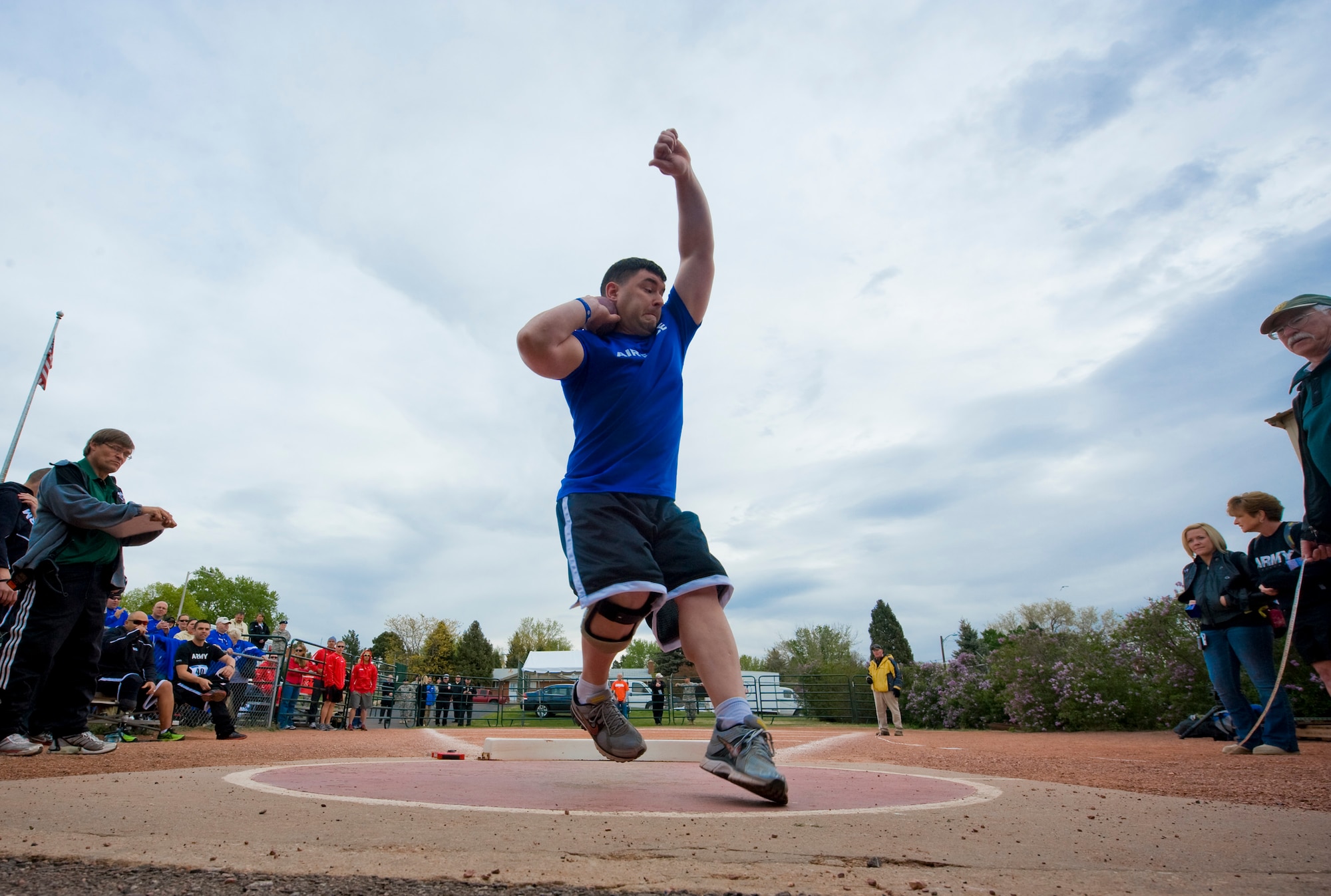 Air Force athlete Matthew Bilancia throws a shot put during the track and field competition May 17, 2011, at the 2011 Warrior Games in Colorado Springs, Colo.  The track and field events kicked off the games, which continue throughout the week. (U.S. Air Force photo/Staff Sergeant Christopher Griffin.)