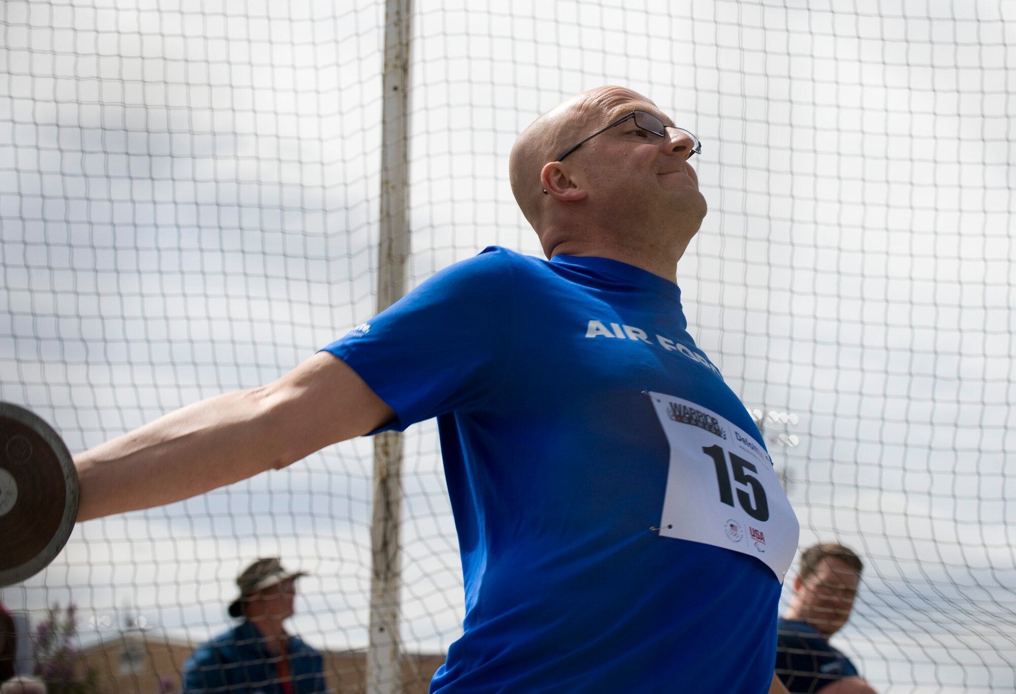 Air Force athlete Michael Rushton throws a discus during the track and field competition May 17, 2011, at the 2011 Warrior Games in Colorado Springs, Colo.  The track and field events kicked off the games, which continue throughout the week. (U.S. Air Force photo/Staff Sergeant Christopher Griffin.)