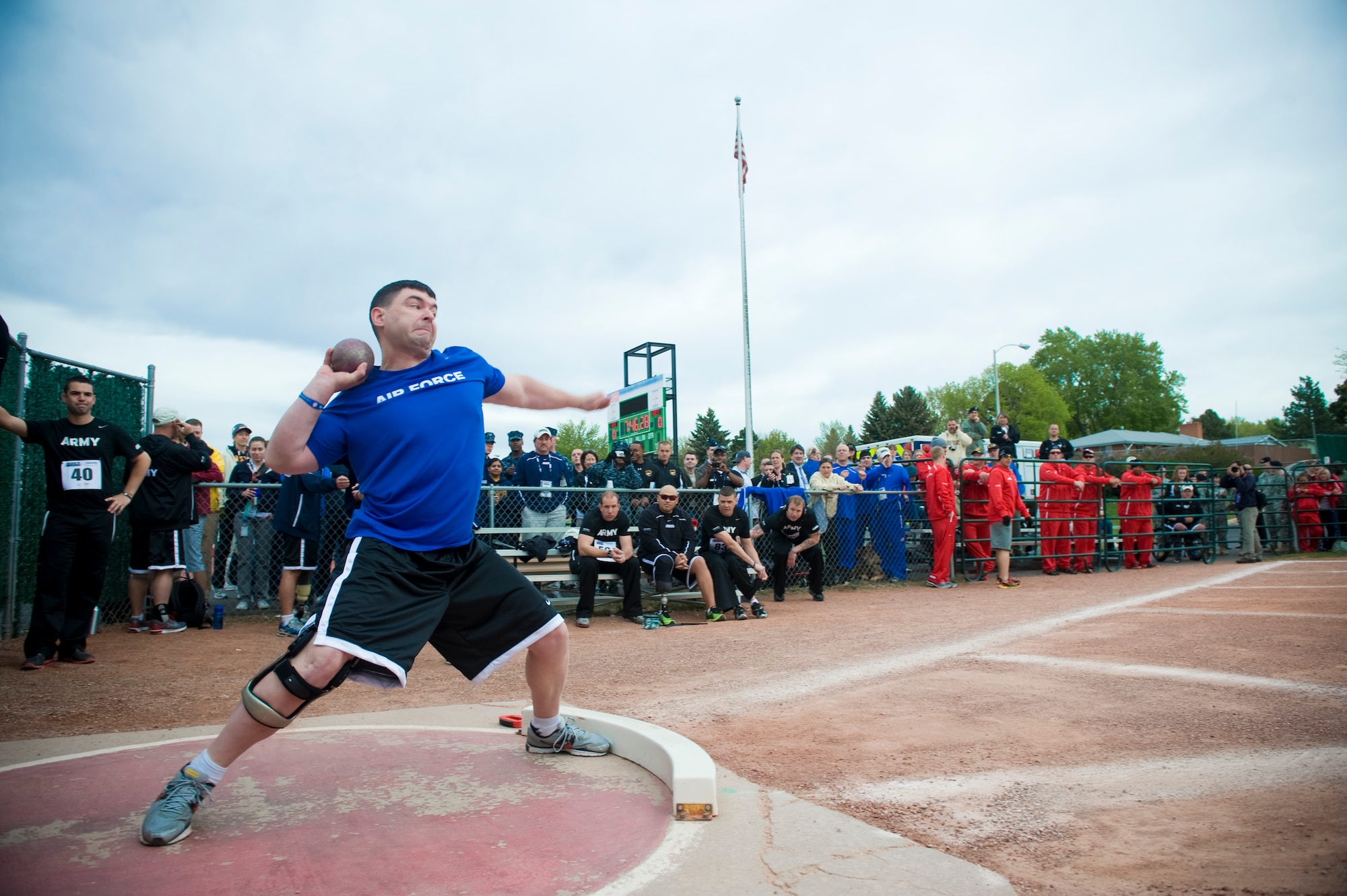 Air Force athlete Matthew Bilancia throws his first shot put of the day during the track and field competition May 17, 2011, at the 2011 Warrior Games in Colorado Springs, Colo.  The track and field events kicked off the games, which continue throughout the week. (U.S. Air Force photo/Staff Sergeant Christopher Griffin.)