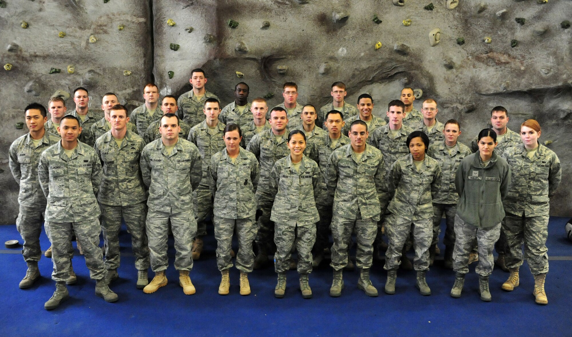 Airmen from Class 11-D at Airman Leadership School pose for a class photo at McChord Field, Joint Base Lewis-McChord, Wash. The class graduated May 12, allowing them to become Non Commissioned Officers and leaders in their various career fields. (U.S. Air Force photo/Airman 1st Class Leah Young) 
