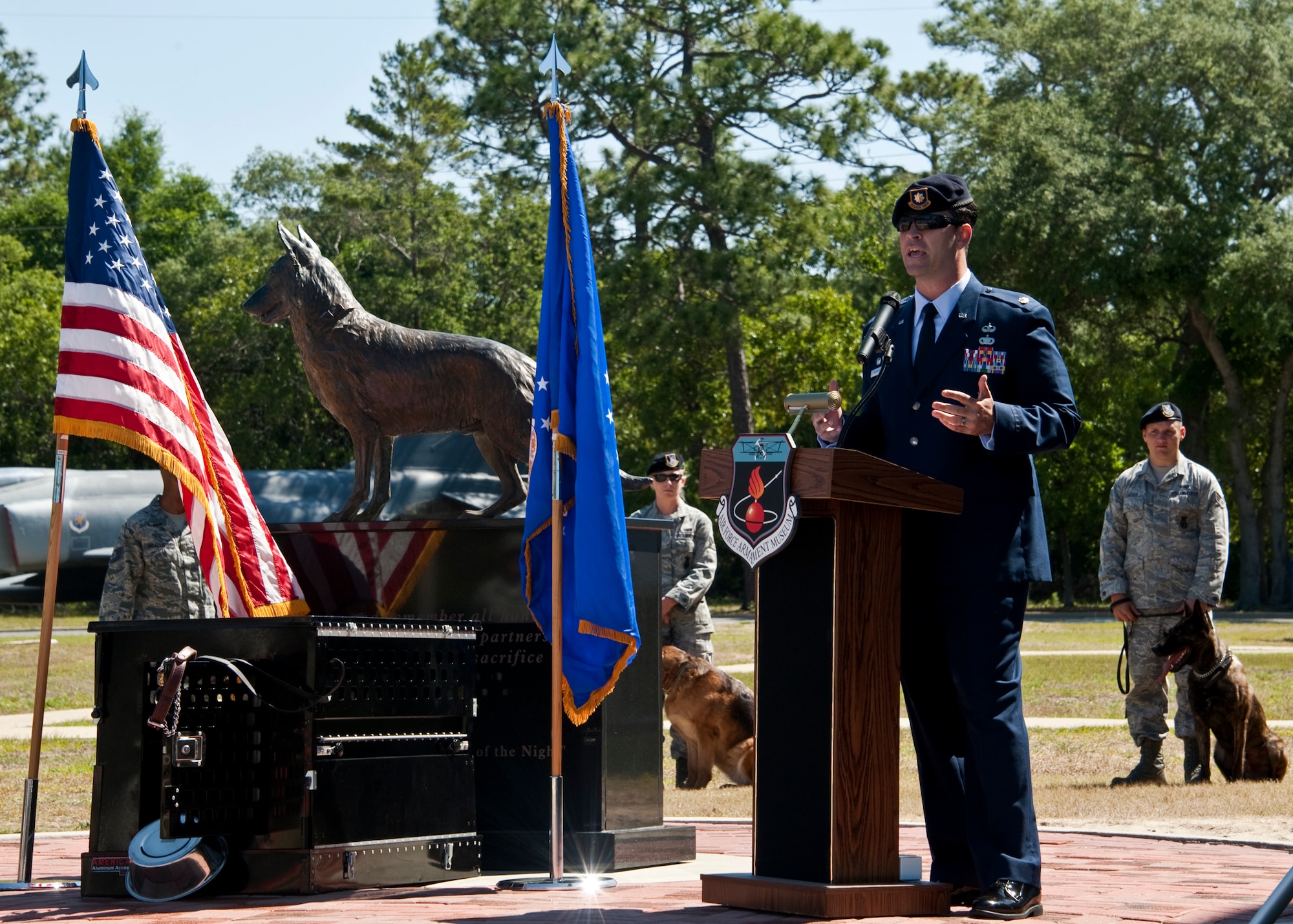 Maj. Michael Borders, 96th Security Forces Squadron commander, speaks to the crowd during the Military Working Dog memorial ceremony May 17 at the Air Armament Museum.  The ceremony honored MWDs and civilian K-9 unit for their service and remembered those who’ve fallen.  The ceremony was just one of the events happened for Police Week.  (U.S. Air Force photo/Samuel King Jr.)    

 
