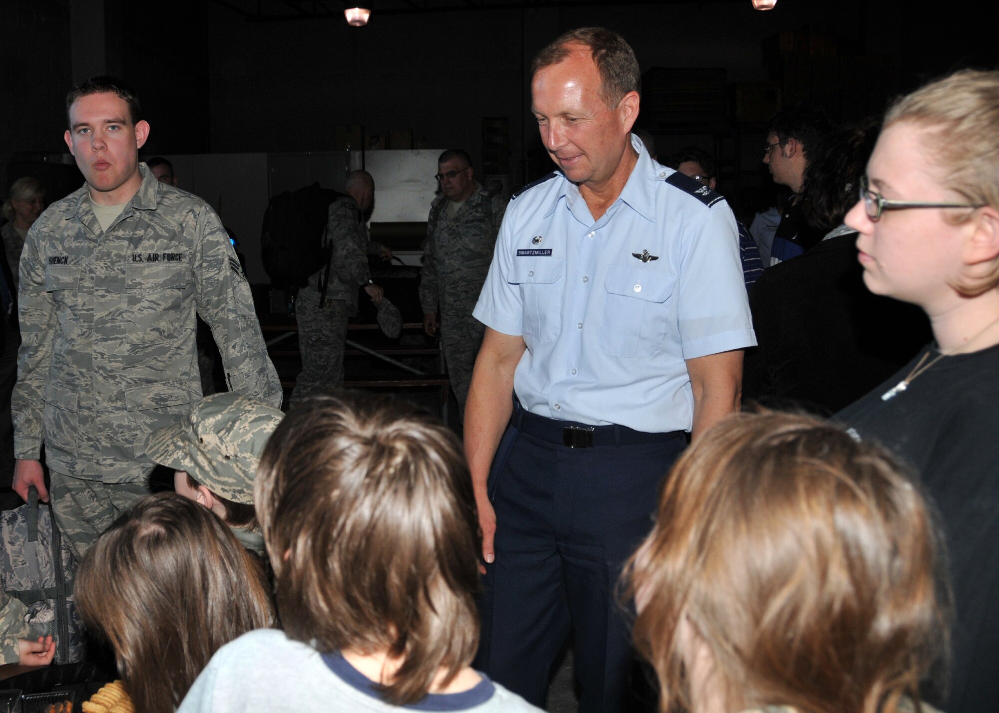 914th Airlift Wing Commander Col. Allan L. Swartzmiller gives words of encouragement to deploying members of the 30th Aerial Port Squadron, May 09, 2011, Niagara Falls Air Reserve Station, NY. Airman from the 30th APS are slated to perform duties such as aircraft passenger processing, loading and unloading both military and civilian aircraft, load planning and building air drop platforms for airdropping food, water, ammunition and medical supplies which is a vital resource to Service members stationed in remote areas. (U.S. Air Force photo by Staff Sgt. Joseph McKee)