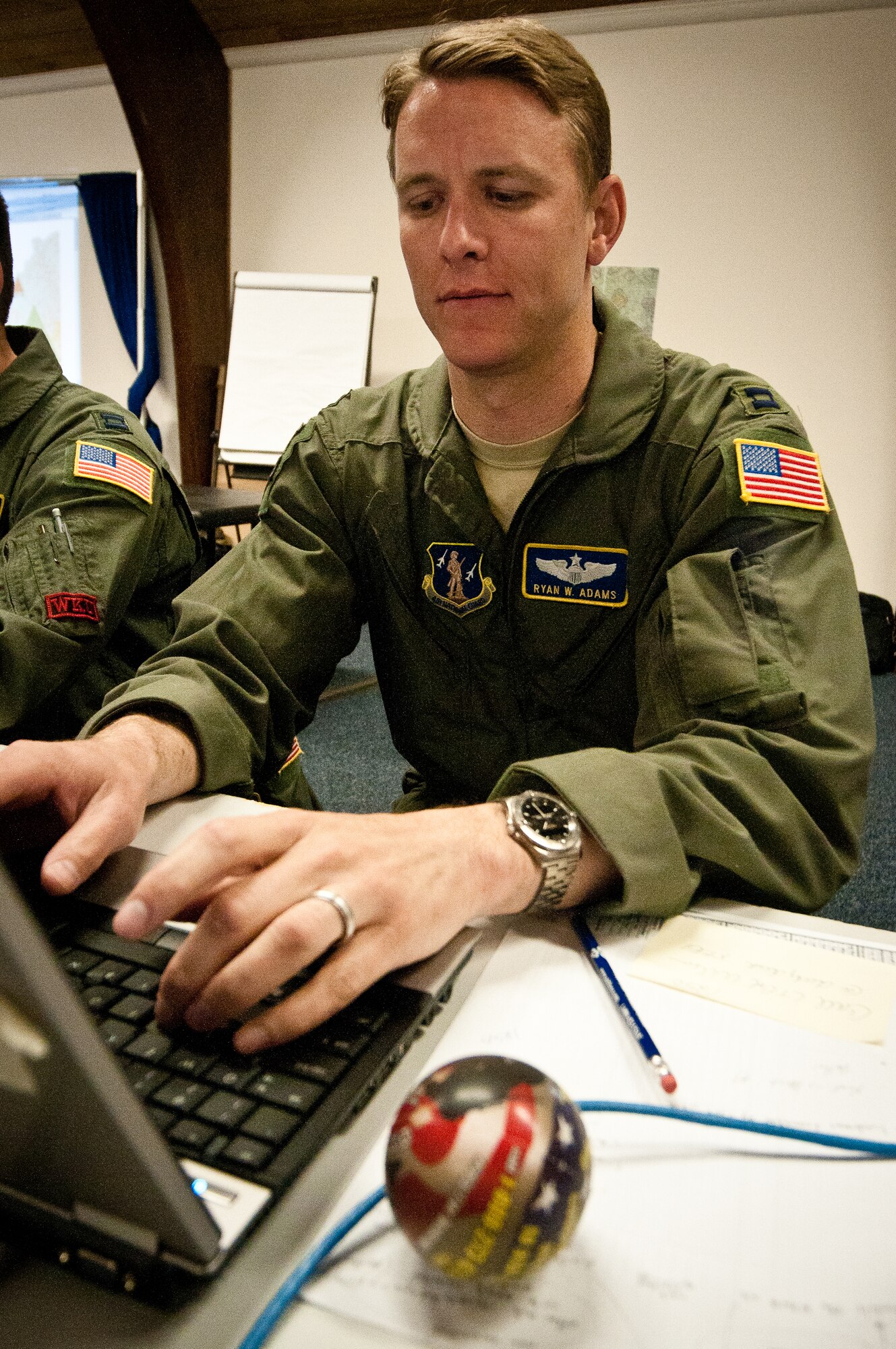 Capt. Ryan Adams tracks the planning and execution of aviation activity across Kentucky while working at the Joint Air Operations Center the the Kentucky Air National Guard Base In Louisville, Ky., on May 17, 2011. The JAOC is supporting a major earthquake-response exercise by prioritizing and allocating air assets for missions into affected areas across the state. (U.S. Air Force Photo by Capt. John T. Stamm)
