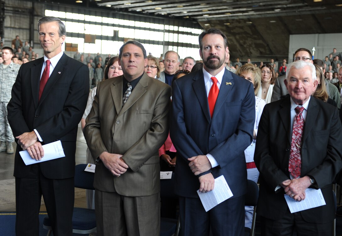 Honorary members of the Black Hills community came out to show support during the change of command ceremony at Ellsworth Air Force Base, May. 13. (Left) U.S. Sen. John Thune, Mayor Al Dial, Mayor Alan Hanks and Mayor Harold Stickney were among those members who attend.  (U.S. Air Force photo/Senior Airman Adam Grant)  
