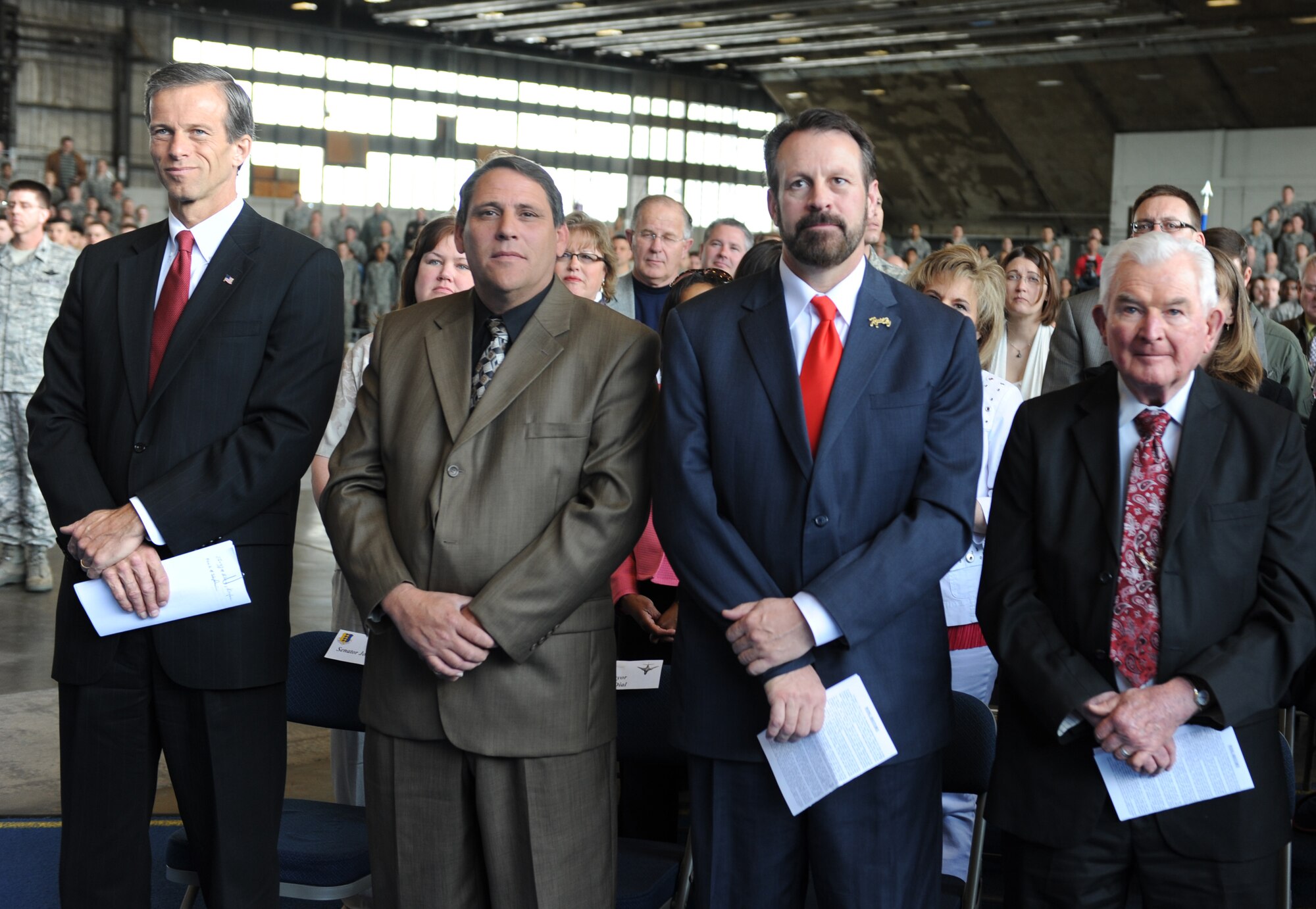 Honorary members of the Black Hills community came out to show support during the change of command ceremony at Ellsworth Air Force Base, May. 13. (Left) U.S. Sen. John Thune, Mayor Al Dial, Mayor Alan Hanks and Mayor Harold Stickney were among those members who attend.  (U.S. Air Force photo/Senior Airman Adam Grant)  
