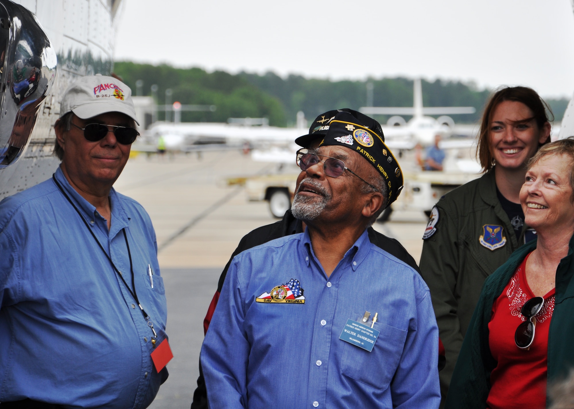 World War II Veteran Walter Dandridge gleams in excitement prior to his honor flight aboard the North American B-25 "Panchito" at Langley Air Force Base, Va., May 13, 2011. Mr. Dandridge is a 21-year Air Force veteran and former engineer gunner who served at Langley from 1952 to 1959. (U.S. Air Force photo/Airman 1st Class Jason J. Brown)(RELEASED)