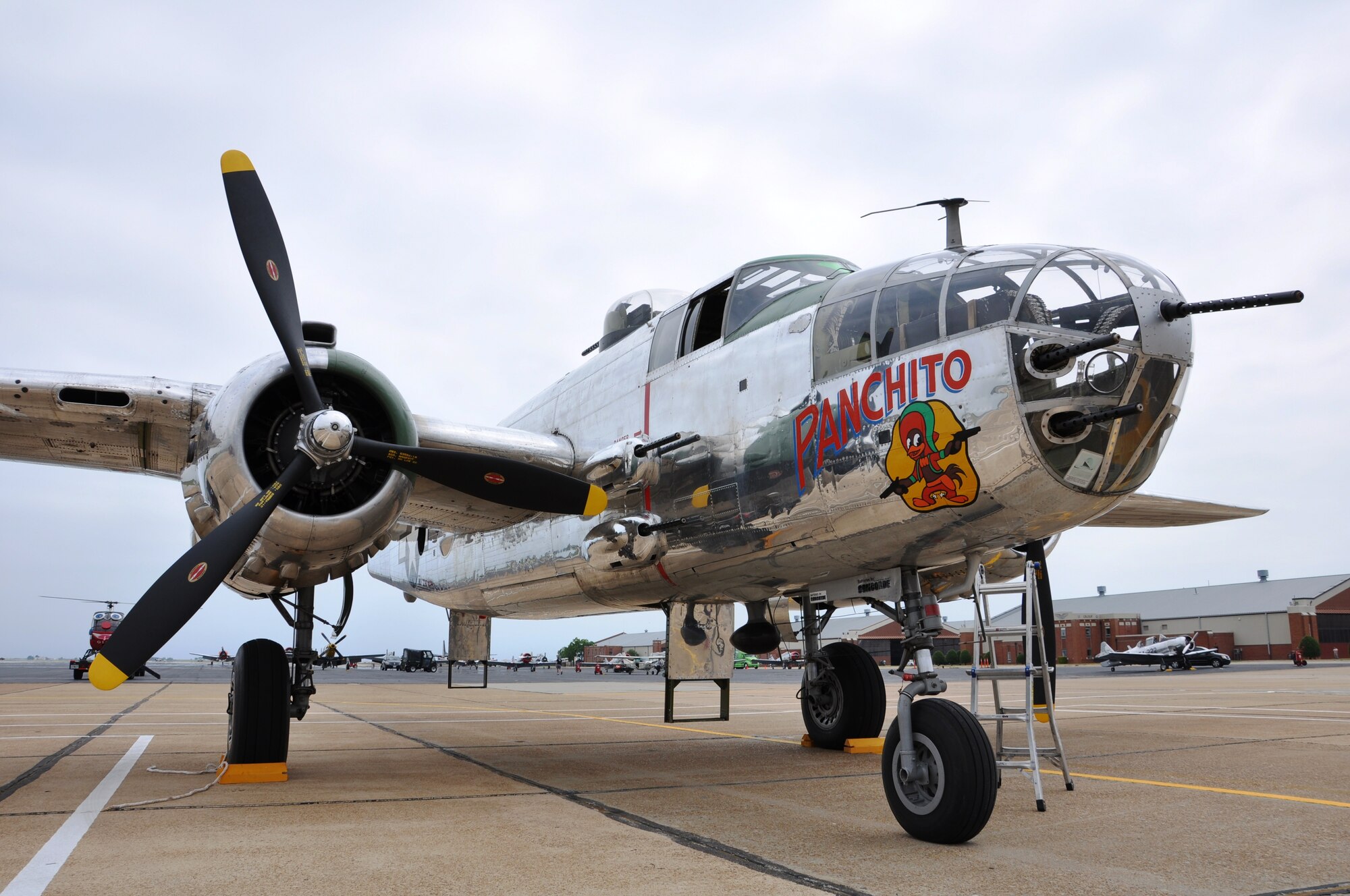 The Disabled American Veterans Flight Team staged the present-day North American B-25 bomber "Panchito" for the AirPower over Hampton Roads open house at Langley Air Force Base, Va., May 13, 2011. "Panchito"  is restored to the wartime markings of pilot Don Seiler's B-25 from the Army Air Corps 396th Bomb Squadron. (U.S. Air Force photo/Airman 1st Class Jason J. Brown)(RELEASED)
