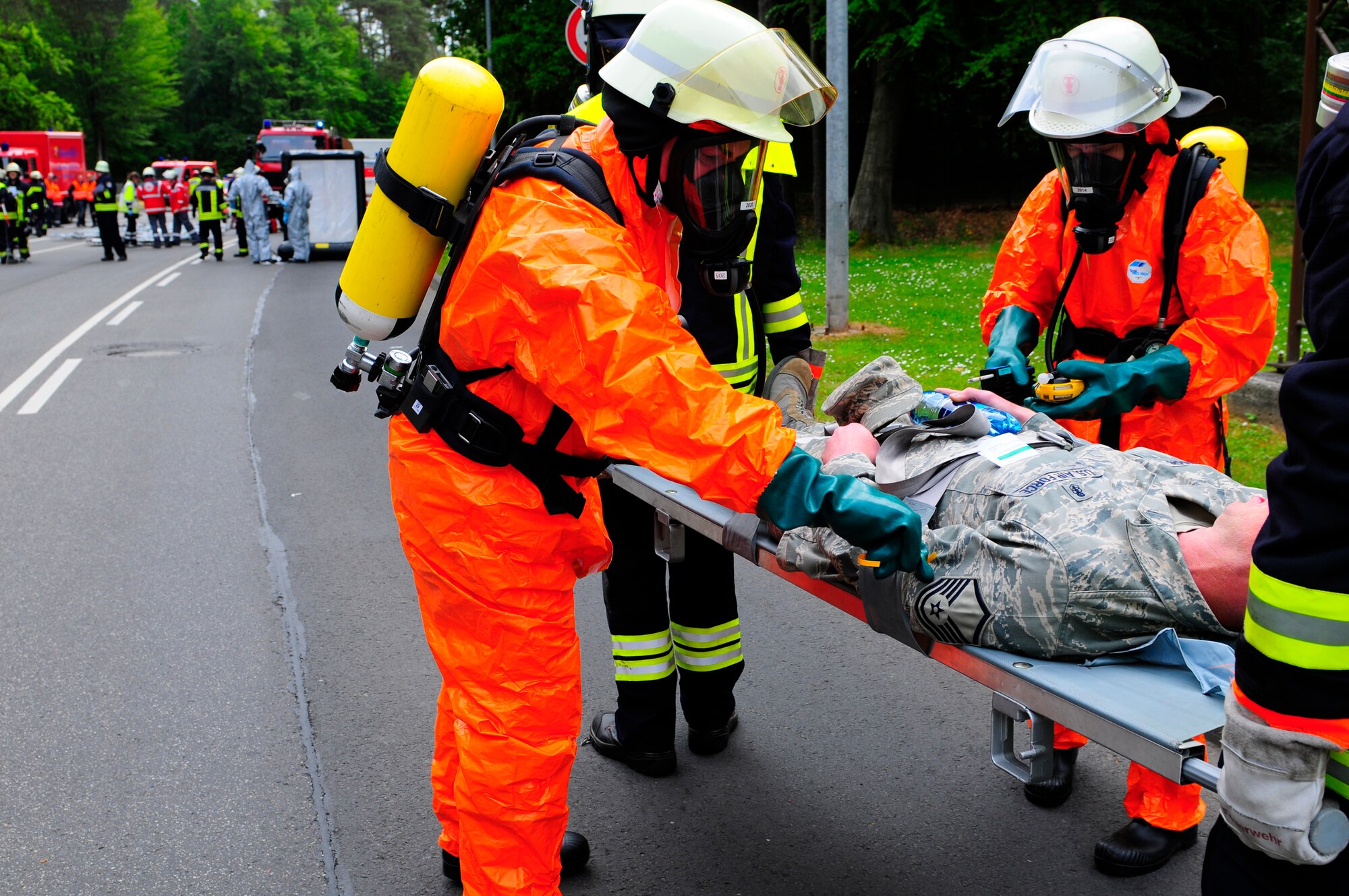 More than 100 German first responders and observers participated in the 86th Airlift Wing and 435th Air Ground Operations Wing hosted exercise May 16 to 19.  An ORE incorporates a series of scenarios to evaluate a base's ability to execute operational duties under various crisis response scenarios. (U.S. Air Force Photo by Airman 1st Class Brea Miller)