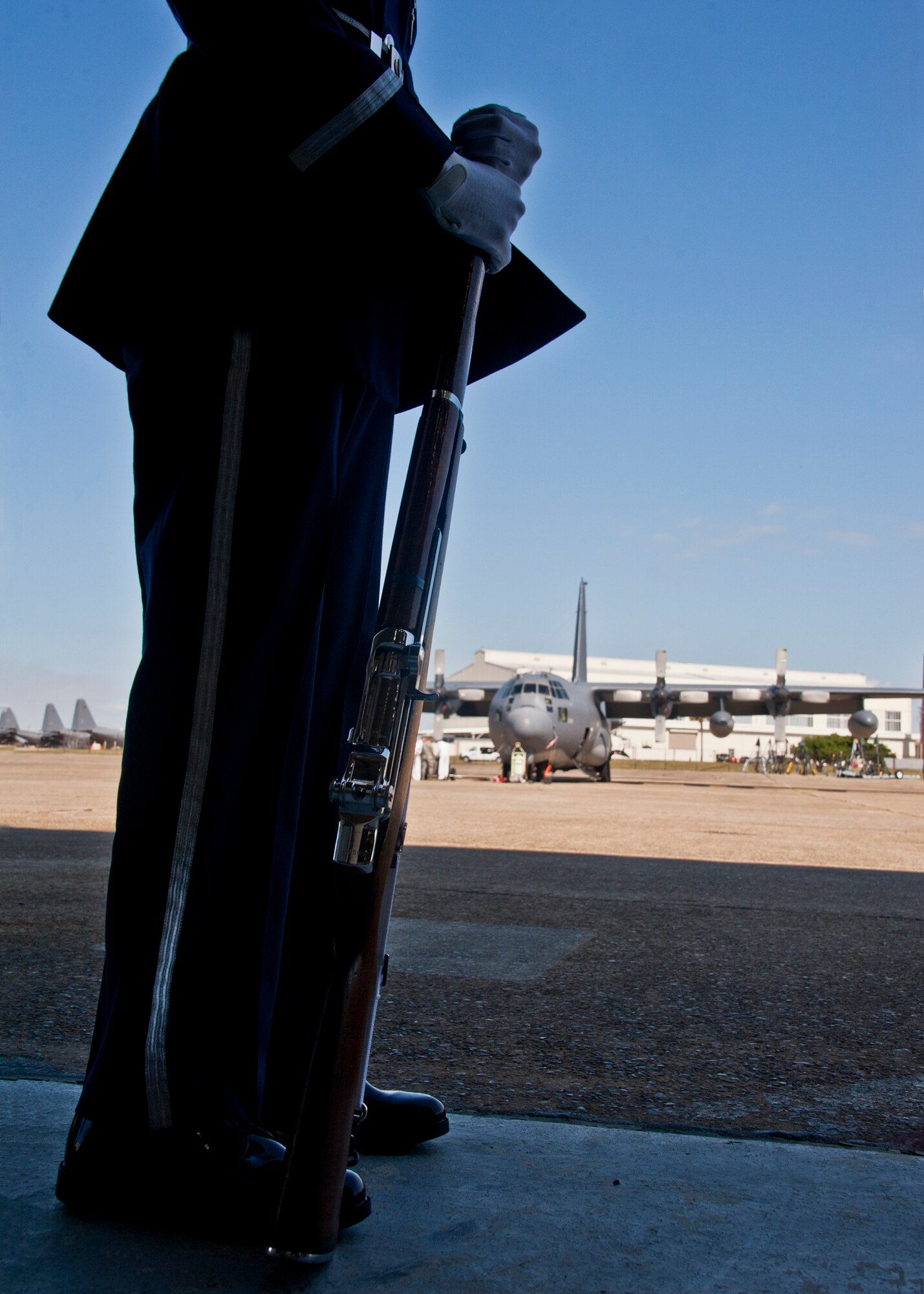 An Eglin Honor Guard Airman stands ready to bring in and present the colors for Eglin’s annual “Marsville” event for local fifth graders May 16.  More than 120 students from Wright, Longwood Elementary and Lewis Middle schools gathered on Eglin for a single mission: build a life-sustaining pod on Mars. The 16th annual event is a collaborative effort between Eglin and the surrounding community's elementary school fifth-grade students, and faculty members. One of its top goals is to encourage students to pursue careers in science and engineering.  (U.S. Air Force photo/Samuel King Jr.)