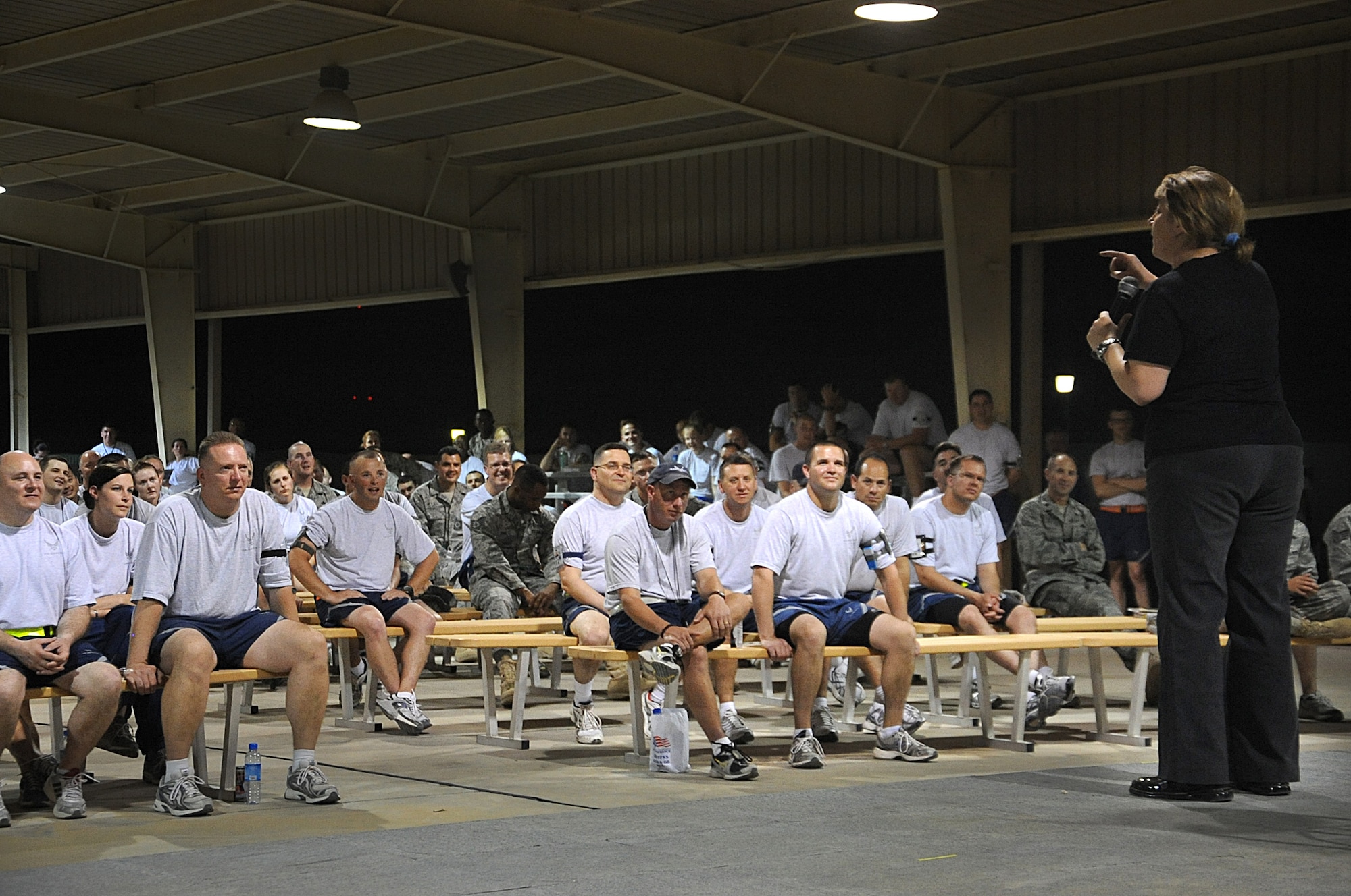Jackie Kashian, along with Funny Girls April Macie and Alycia Cooper, performed stand-up comedy for the 386th Air Expeditionary Wing Airmen May 12. (U.S. Air Force photo by Senior Airman Cynthia Spalding)