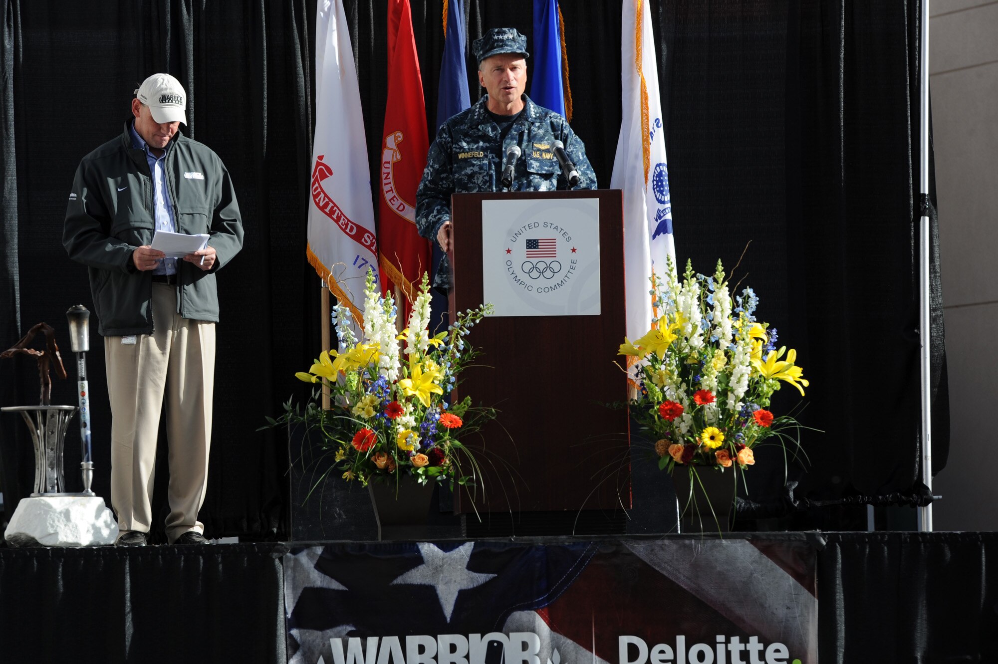 Navy Adm. James Winnefeld speaks during the 2011 Warrior Games opening ceremony May 16, 2011, at the U.S. Olympic Training Center in Colorado Springs, Colo., May 16, 2011. Some 200 wounded warriors and disabled veterans from all the military services are competing in paralympic-style athletic events May 16 through May 21. Admiral Winnefeld is the North American Aerospace Defense Command and U.S. Northern Command commander. (U.S. Air Force photo/Staff Sgt. Desiree N. Palacios)
