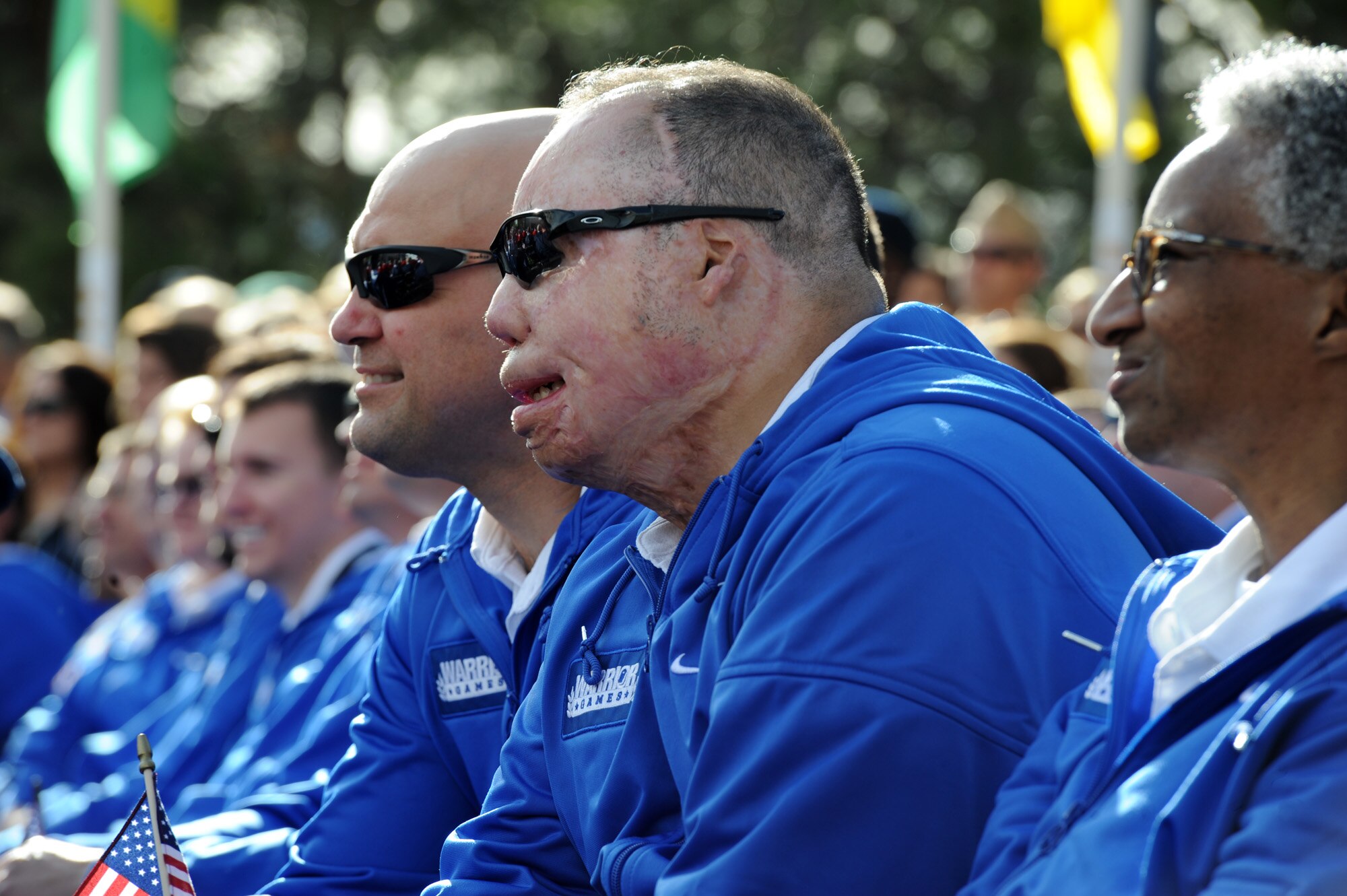 Members of the Air Force team listen as Navy Adm. James Winnefeld speaks during the opening ceremony of the 2011 Warrior Games May 16, 2011, at the U.S. Olympic Training Center in Colorado Springs, Colo. Some 200 wounded warriors and disabled veterans from all the military services are competing in paralympic-style athletic events May 16 through May 21. (U.S. Air Force photo/Staff Sgt. Desiree N. Palacios)
