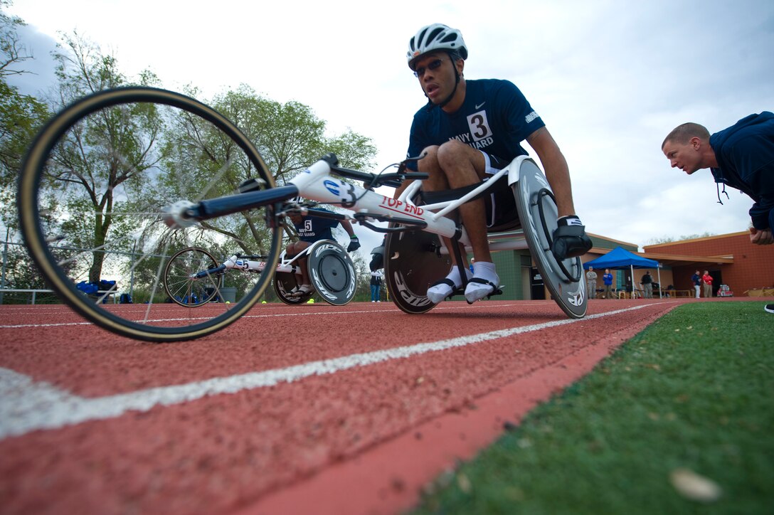 Angelo Anderson, a U.S. Navy team member, speeds down the track during the 800 Meter Dash Wheelchair at the 2011 Warrior Games in Colorado Springs, Colo.,  May 17, 2011. 