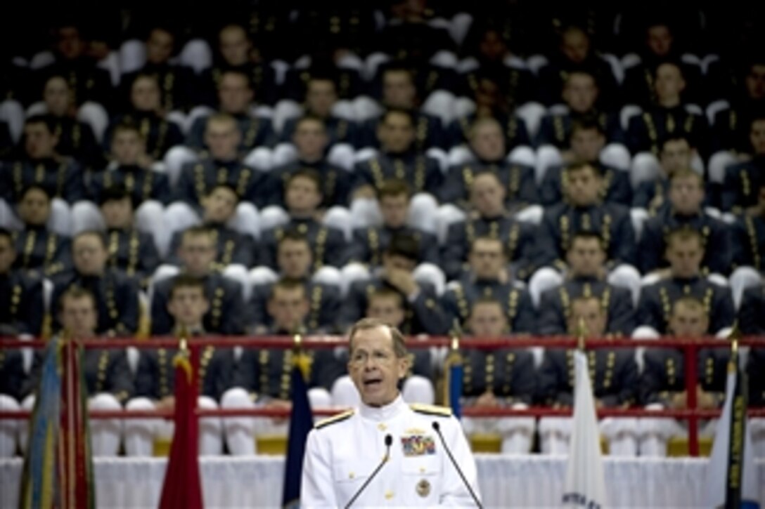 Chairman of the Joint Chiefs of Staff Adm. Mike Mullen, U.S. Navy, addresses graduates at the Virginia Military Institute commencement ceremony in Lexington, Va., on May 16, 2011.  