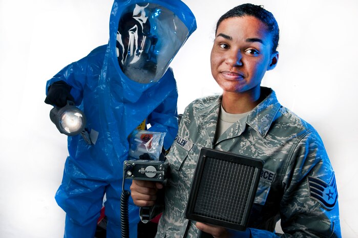 NELLIS AIR FORCE BASE, Nev. --Staff Sgt. Amanda Allen and Staff Sgt. Lewis Carter Jr. are Bioenvironmental Engineering Journeymen assigned to the 99th Aerospace Medicine Squadron. Sergeants Allen and Carter are both cross trainees into the Bioenvironmental career field and have served in the U.S. Air Force a combined 17 years. Bioenvironmental engineering Airmen ensure healthful working conditions are maintained and that the environment is not adversely affected by Air Force operations. (U.S. Air Force illustrative photo by Tech. Sgt. Michael R. Holzworth)