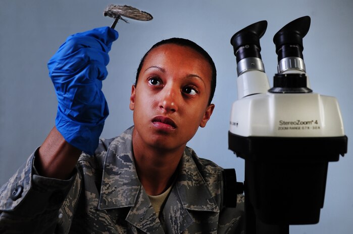 NELLIS AIR FORCE BASE, Nev. --  Airman 1st Class Mar-Sha Backes, a pest management journeyman, from the 99th Civil Engineer Squadron, inspects a giant moth caught on Nellis property. Pest control management conducts herbicide and pesticide treatments, catch stray animals and rid the flightline of birds to prevent bird collisions on aircraft.  (U.S. Air Force illustrative photo by Staff Sgt. William P. Coleman)  