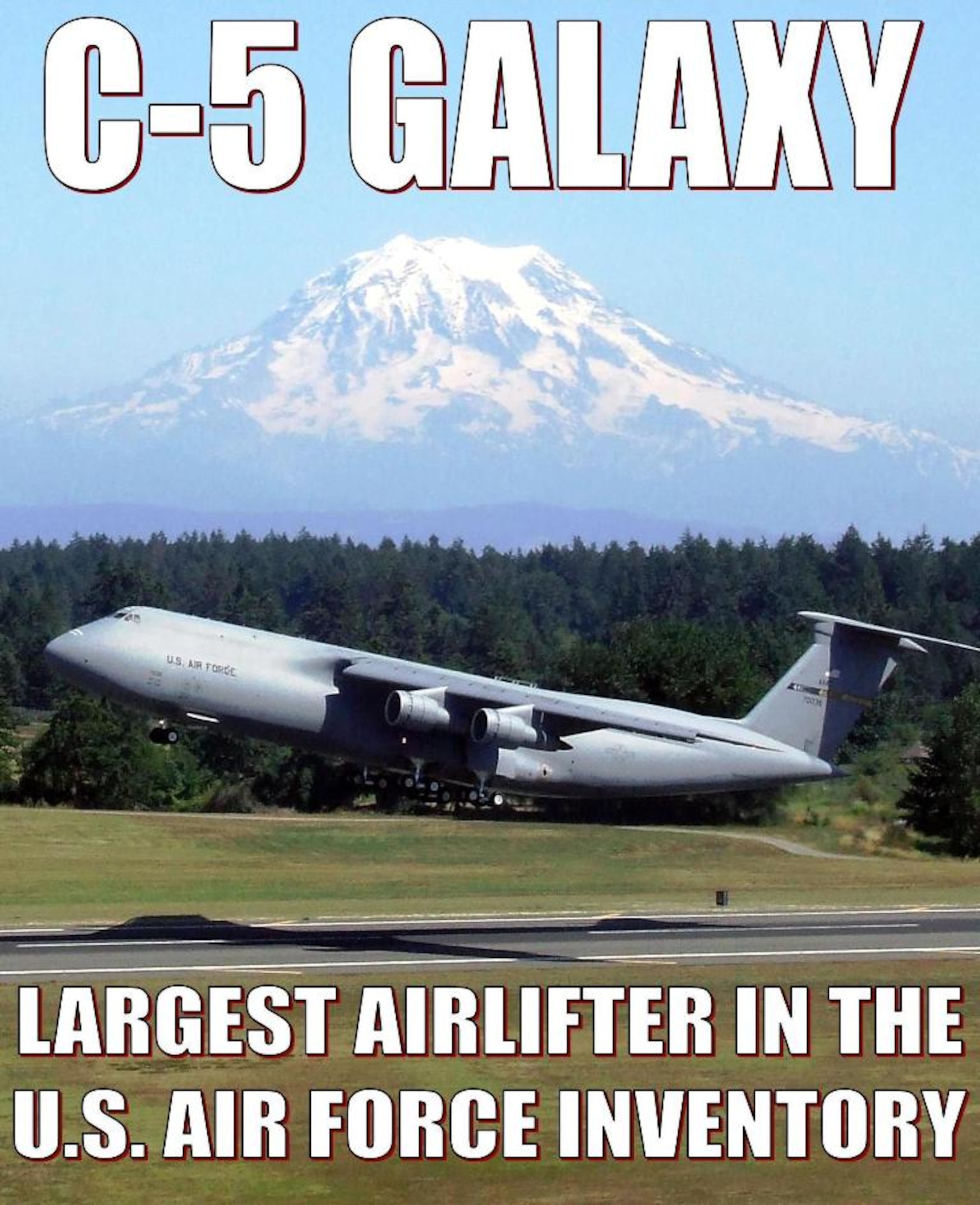 By its sheer size, the C-5 is immense, according to its Air Force fact sheet. General characteristics show it has a wingspan of 222.9 feet, is 247.1 feet long, and stands 65.1 feet high. To move the C-5, its four General Electric TF-39 engines generate 43,000 pounds of thrust each which can carry the plane to a maximum speed of 518 miles per hour. (U.S. Air Force Photo Illustration/Master Sgt. Scott T. Sturkol)