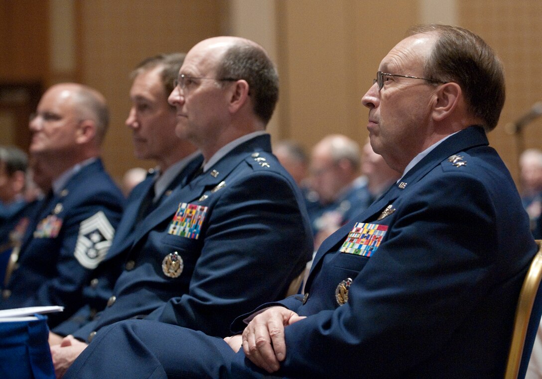 From right to left: Chief of the Air Force Reserve and Air Force Reserve Command Commander Lt. Gen. Charles Stenner, Deputy to the Chief of the Air Force Reserve Maj. Gen. James Jackson, Air Force Reserve Command Vice Commander Maj. Gen. Craig Gourley, and Air Force Reserve Command Command Chief Master Sgt. Dwight Badgett listen as Secretary of the Air Force Michael Donley addresses senior leaders of the Air Force Reserve Command on May 16, 2011, during their annual conference in Washington, D.C. (U.S. Air Force photo by Jim Varhegyi)(released)