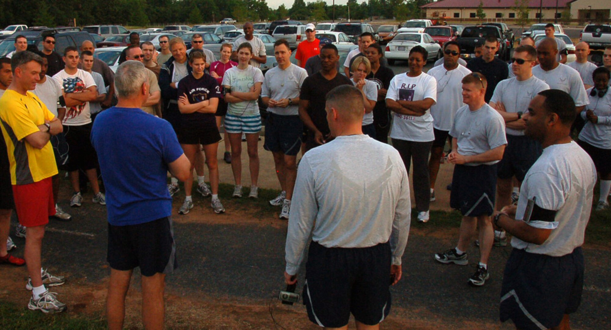 BARKSDALE AIR FORCE BASE, La. – Maj. Gen. Floyd Carpenter (blue shirt), Eighth Air Force commander, talks to members of the Mighty Eighth before the start of the Eighth Air Force 5K Fun Run on Barksdale Air Force Base, La., May 18. The headquarters Eighth Air Force held the run in conjunction with the upcoming Eighth Air Force change of command. (U.S. Air Force photo by Staff Sgt. Brian Stives)