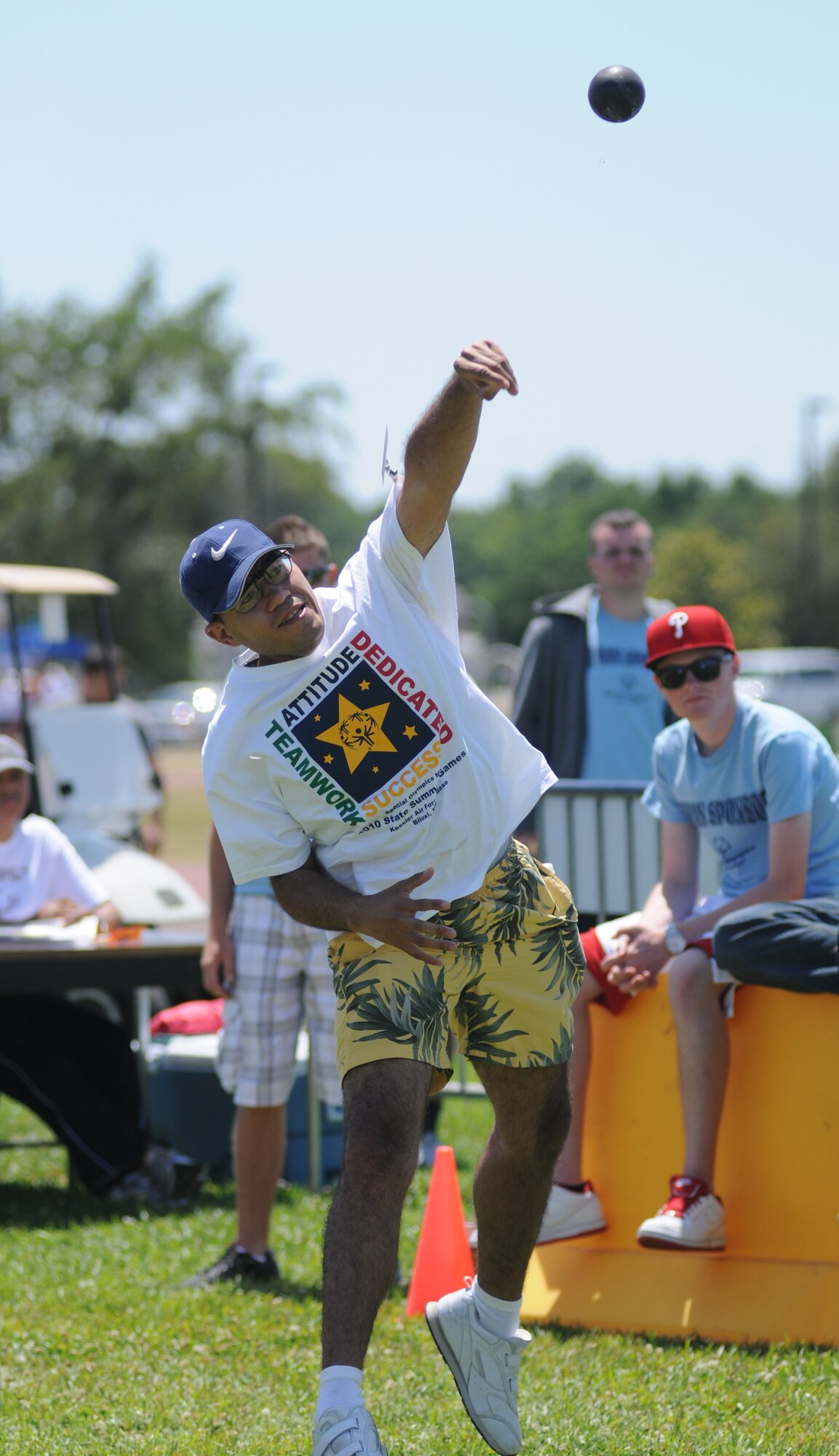 Athlete Mike Shempert competes in the shot put event during Special Olympics, hosted by Keesler Friday and Saturday.  (U.S. Air Force photo by Kemberly Groue)
