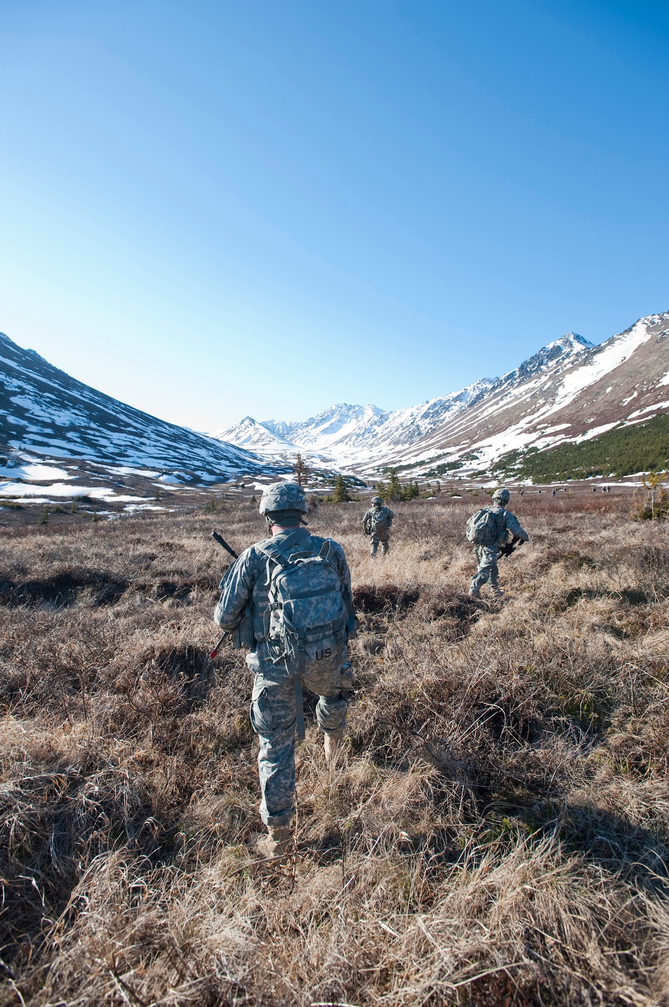 JOINT BASE ELMENDORF-RICHARDSON, Alaska -- Soldiers of Comanche Company, 1st Battalion, 501st Infantry Regiment (Airborne) make their way through Alaska's Chugach Range May 12. The Soldiers took part in air assault training where UH-60 Black Hawk helicopters took them into a section of the mountain range and they were tasked with engaging an opposing force. (U.S. Air Force photo/Senior Airman Christopher Gross)