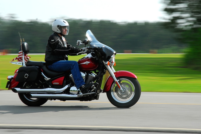 Electronics Technician 1st Class Scott Rothfusz, the motorcycle safety coordinator for Nuclear Power Training Unit and a participant in the training, rides the Federal Law Enforcement Training Center pursuit course during the practical riders’ motorcycle operation and mentorship training at Joint Base Charleston-Weapons Station, May 14.  The FLECT course was opened for the weekend of May 14-15 for JB CHS 628th Air Base Wing safety office so motorcycle riders could utilize the controlled environment to gain experience of riding.  (U.S. Navy photo/Machinist’s Mate 3rd Class Brannon Deugan)