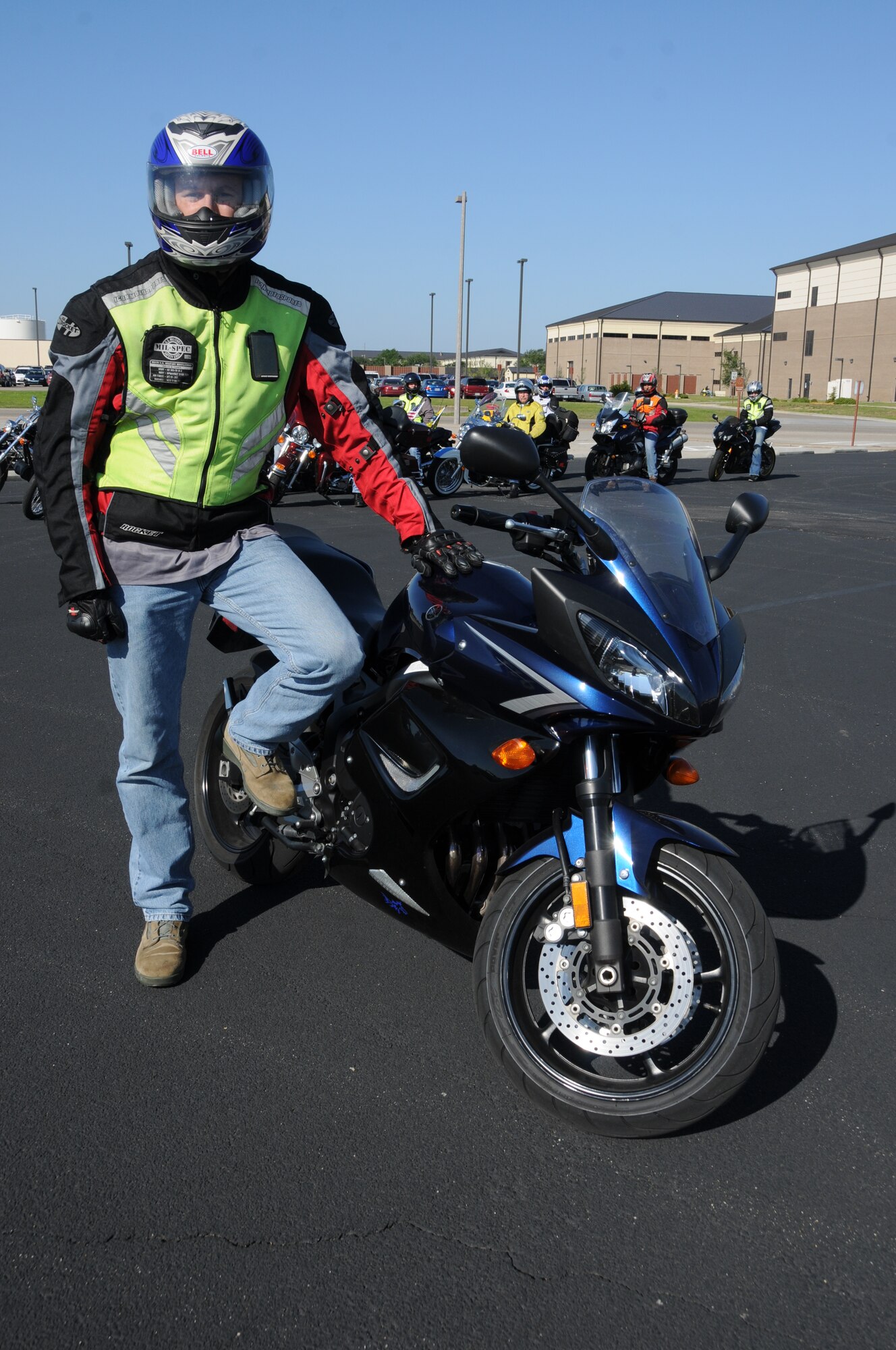 Sergeant Comerford and students in Tuesday’s experienced rider course get ready to ride at the motorcycle course east of Dolan Hall.  (U.S. Air Force photo by Kemberly Groue)