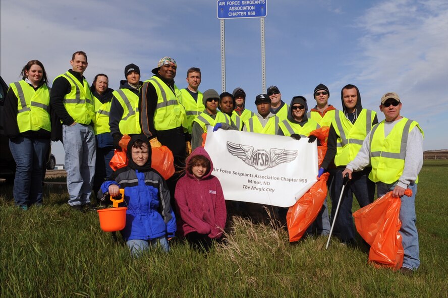 MINOT, N.D. -- Volunteers for the Air Force Sergeant’s Association here, were part of a highway cleaning team during a cleanup event by the Highway 83 bypass May 14. AFSA has adopted the designated section of the highway to keep clean regularly. This is all part of an effort by AFSA to help keep the Minot community beautiful and free of litter. (U.S. Air Force photo/Airman 1st Class Aaron-Forrest Wainwright)