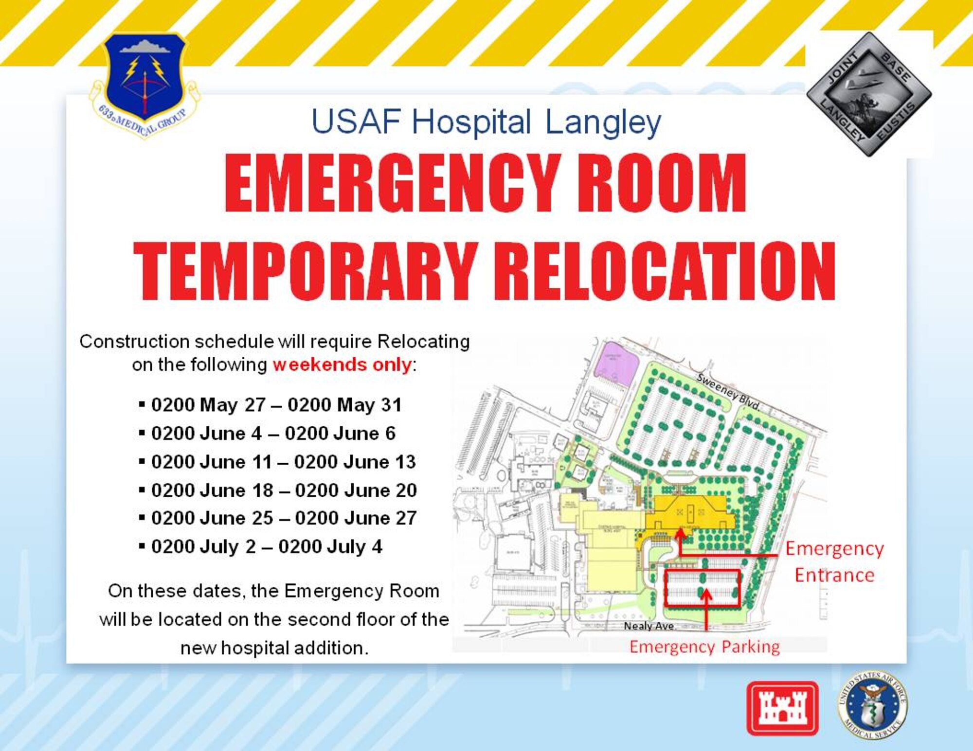 The USAF Hospital Langley emergency room and related services will relocate to the second floor of the east wing on weekends from May 27 to July 4. To ensure the safety of patients and staff, contractors will conduct business during periods of decreased traffic, beginning at 2 a.m. Fridays and continuing through 2 a.m. Sundays. (Courtesy illustration) (RELEASED)