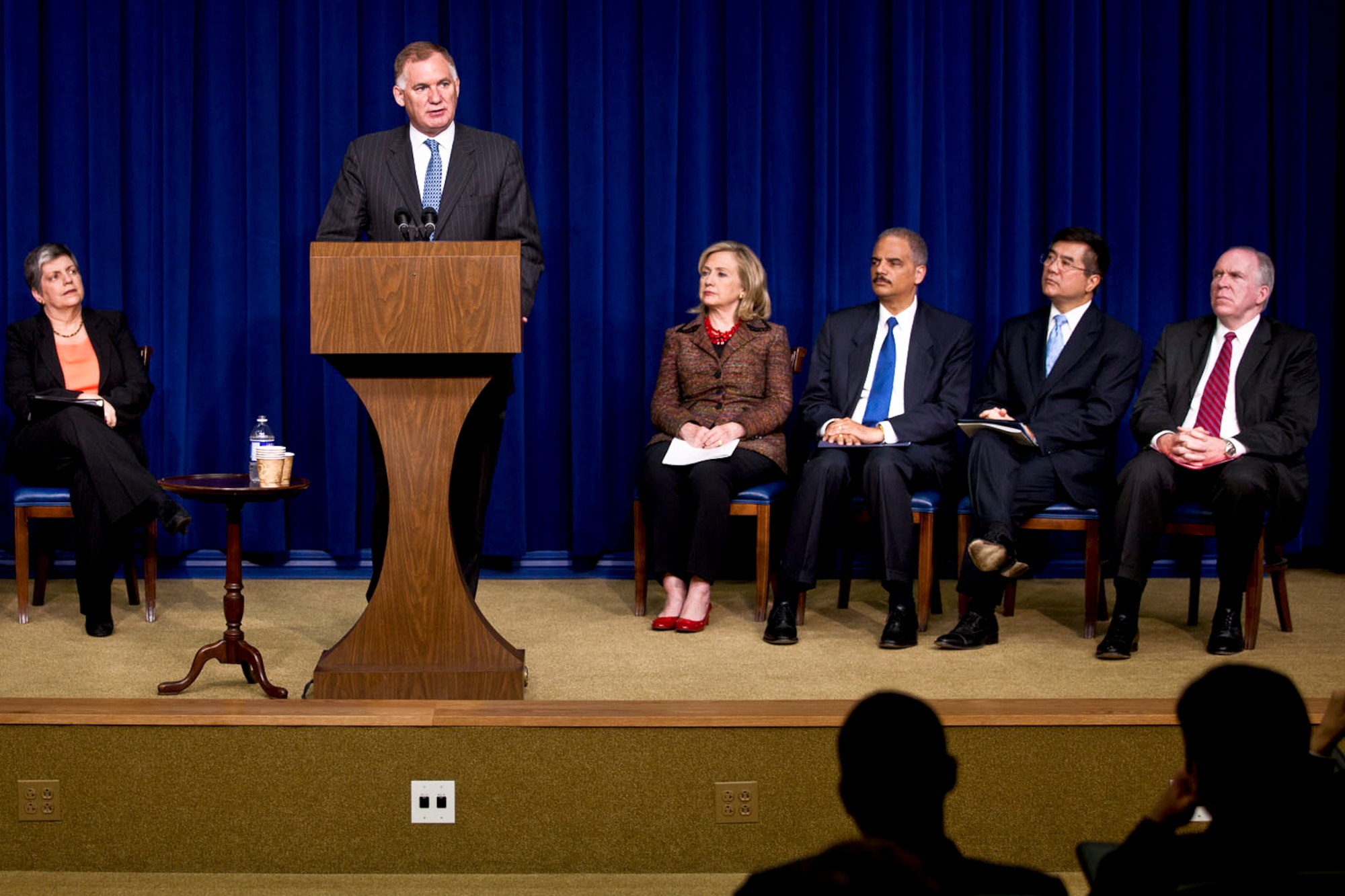 Deputy Defense Secretary William J. Lynn III addresses the White House launch of the International Strategy for Cyberspace in the Eisenhower Executive Office Building in Washington, D.C., May 16, 2011. Joining Mr. Lynn (from left) were Homeland Security Secretary Janet Napolitano, Secretary of State Hillary Rodham Clinton, Attorney General Eric Holder, Commerce Secretary Gary Locke and Homeland Security Advisor John Brennan.  (White House photo/Lawrence Jackson)