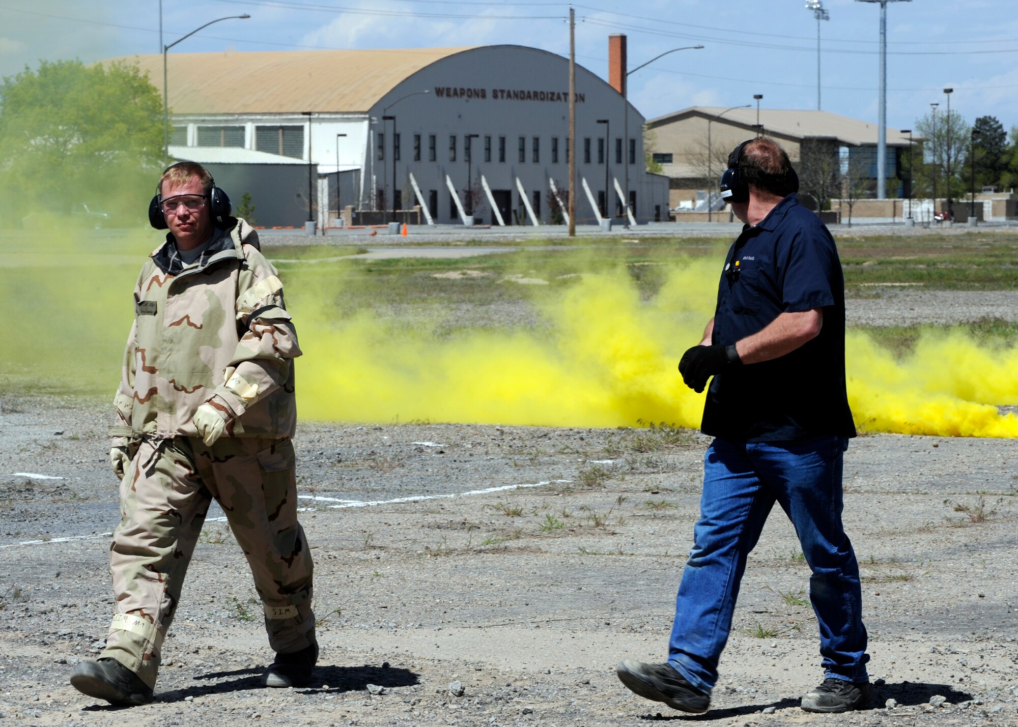 MOUNTAIN HOME AIR FORCE BASE, Idaho – Tech Sgt Taylor Saum, 366th Civil Engineer Squadron, responds to a simulated Explosive Ordinance call outside hangar 1333. Sergeant Saum measures the width of the ordinance during the Phase II Operational Readiness Exercise May 11. (U.S. Air Force photo by Senior Airman Angelina Drake)