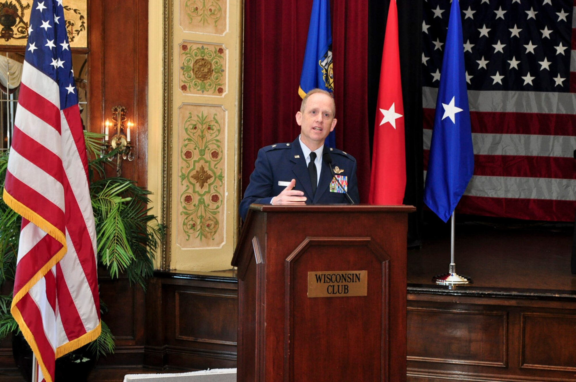 Brigadier General Donald P. Dunbar, Adjutant General of Wisconsin, addresses guests at the ESGR breakfast held at the Wisconsin Club in downtown Milwaukee, May 16, 2011.  Each year the Milwaukee Armed Forces Committee and Wisconsin Committee for Employer Support of the Guard and Reserve (ESGR) recognize the men and women who serve the armed forces and the employers that support them. U.S. Air Force photo by Tech Sgt. Thomas J Sobczyk  / Released