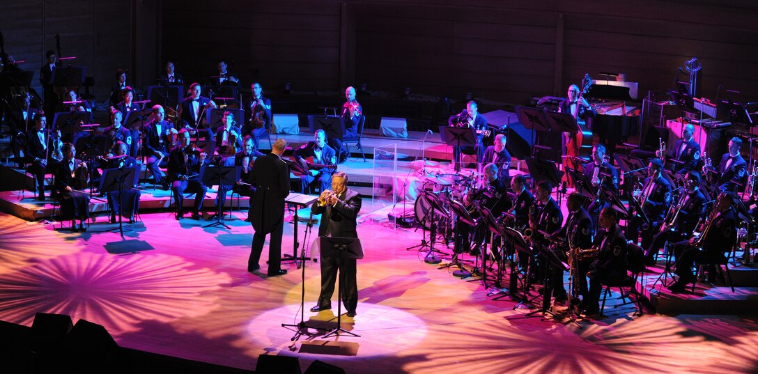 Mr. Arture Sandoval, guest artist trumpet player, performs with The U.S. Air Force Band May 12 at the Music Center at Strathmore, Bethesda, Md. Mr. Sandoval was a special guest invited to perform with the USAF Band. (U.S. Air Force photo by Senior Airman Christopher Ruano)