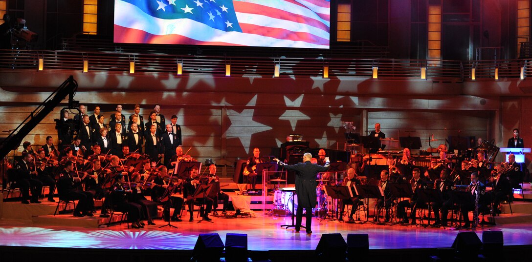 The U.S. Air Force band performs May 12 at the Music Center at Strathmore, Bethesda, Md. The performance was part of “America’s Veterans: A Musical Tribute,” which was taped for broadcast to be aired on Veterans Day. (U.S. Air Force photo by Senior Airman Christopher Ruano)