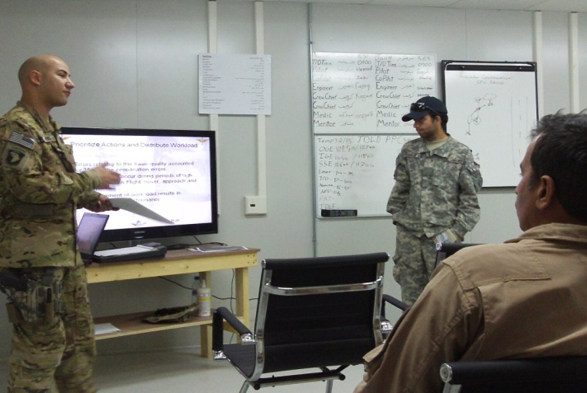 Sergeant First Class Clinton Bruce, 159th Combat Aviation Brigade non-rated crewmember standardization instructor, uses an interpreter to teach Afghan Air Force pilots and aircrew members an aircrew coordination training class May 14 at Kandahar Airfield. The ACT class is a three-part course that is designed to help improve the communication between pilots and their crews. (U.S. Air Force courtesy photo)

