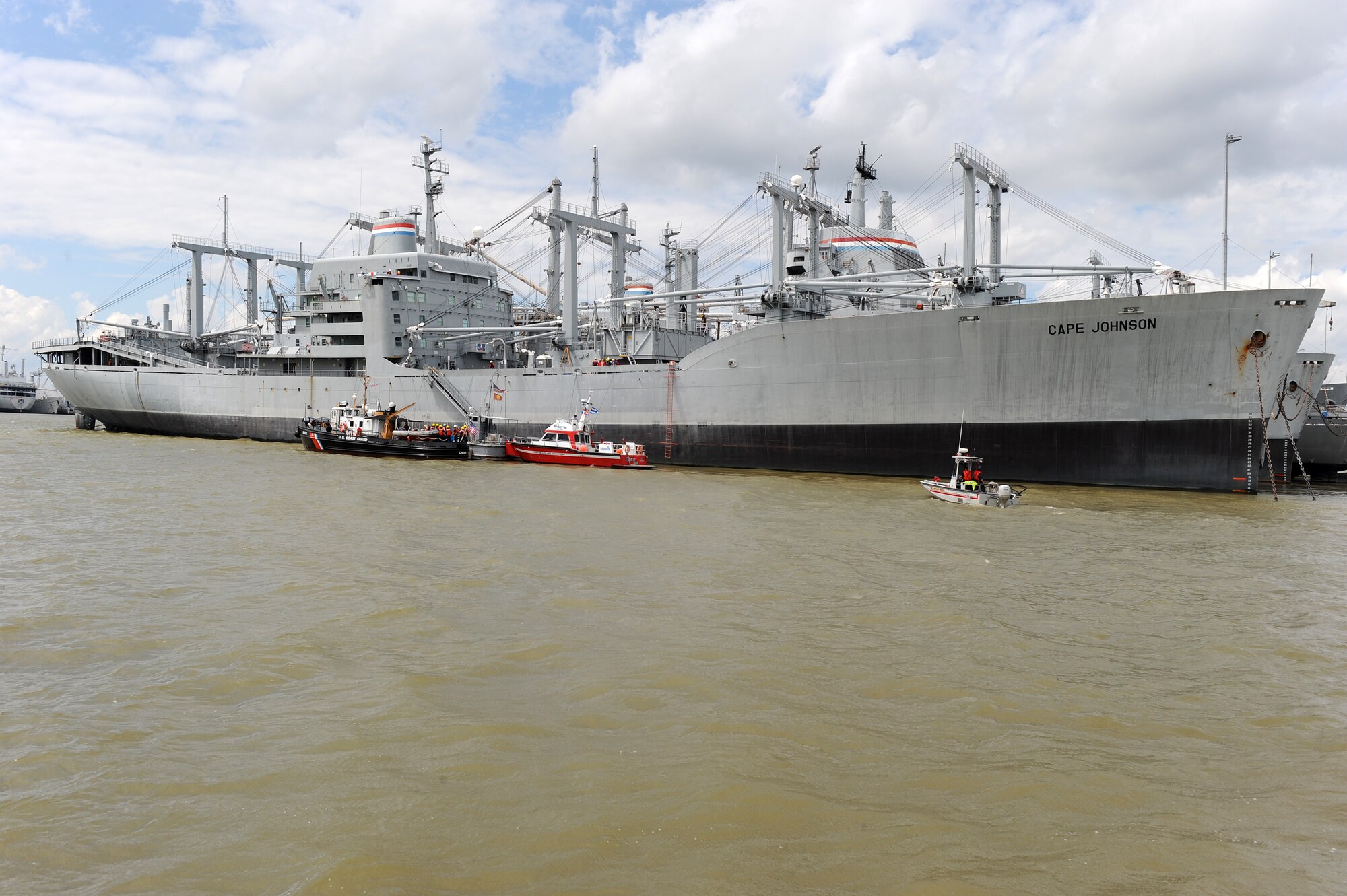 Military and civilian first responders use the "Cape Johnson" as the site for the first day of the Hampton Roads Full Scale Exercise staged off the coast of Fort Eustis, Va., May 17, 2011. The three day exercise strengthens anti-terrorism capabilities and tests local, state and federal response efforts in maritime, hostage and mass casualty scenarios (U.S. Air Force photo by Senior Airman Zachary Wolf)(RELEASED)