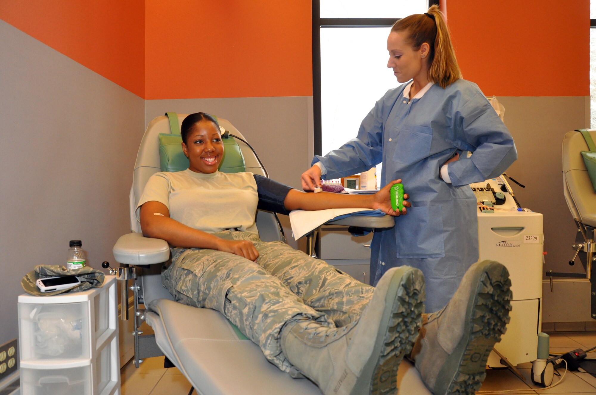 Staff Sgt. Patrice Claxton, 90th Logistics Readiness Squadron, gets prepared to make a blood platelet donation in the United Blood Services Center at 112 East 8th Ave. Cheyenne, Wyo. (U.S. Air Force photo by Airman 1st Class Dan Gage)