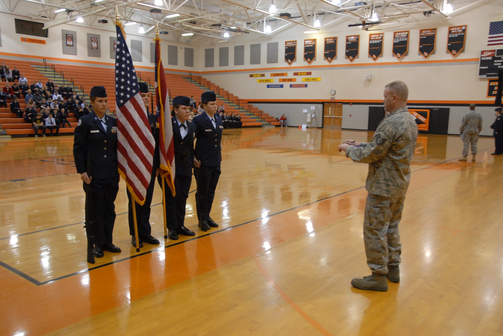 WRIGHT-PATTERSON AIR FORCE BASE, Ohio -  Senior Master Sgt. Brian Boyd and Tech. Sgt. Clayton Callahan (shown here) from the 445th Reserve Recruiting Squadron served as judges for the Eighth Annual Delaware County Drill Meet at Rutherford B. Hayes High School in Delaware, Ohio, March 16. 
(U.S. Air Force photo/Tech. Sgt. Anthony Springer) 
