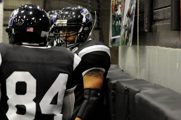 SEDALIA, Mo. - Staff Sgt. Ricky Mahaney, 509th Force Support Squadron, prepares for a kick-off during the Mid-Mo Outlaw's game versus the Sioux City Bandits May 14. The Outlaws lost at home 18-44. (U.S. Air Force photo by Airman 1st Class Cody H. Ramirez)
