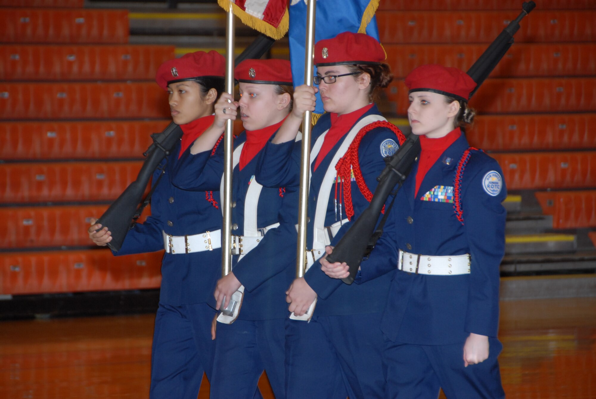 WRIGHT-PATTERSON AIR FORCE BASE, Ohio - Cadets perform drills during the eighth annual Air Force Junior ROTC drill competition at Rutherford B. Hayes High School April 16. (U.S. Air Force photo/Tech. Sgt. Anthony Springer)